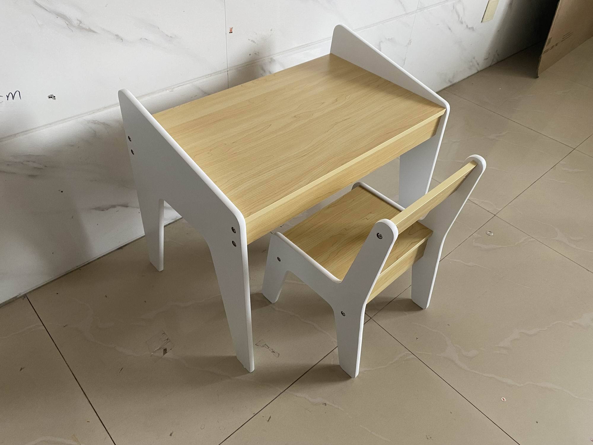 Kids Table Set with One Chair, Wooden Children Study Table, 2-8  Age Kids Funiture , White+Natural - Grand Goldman