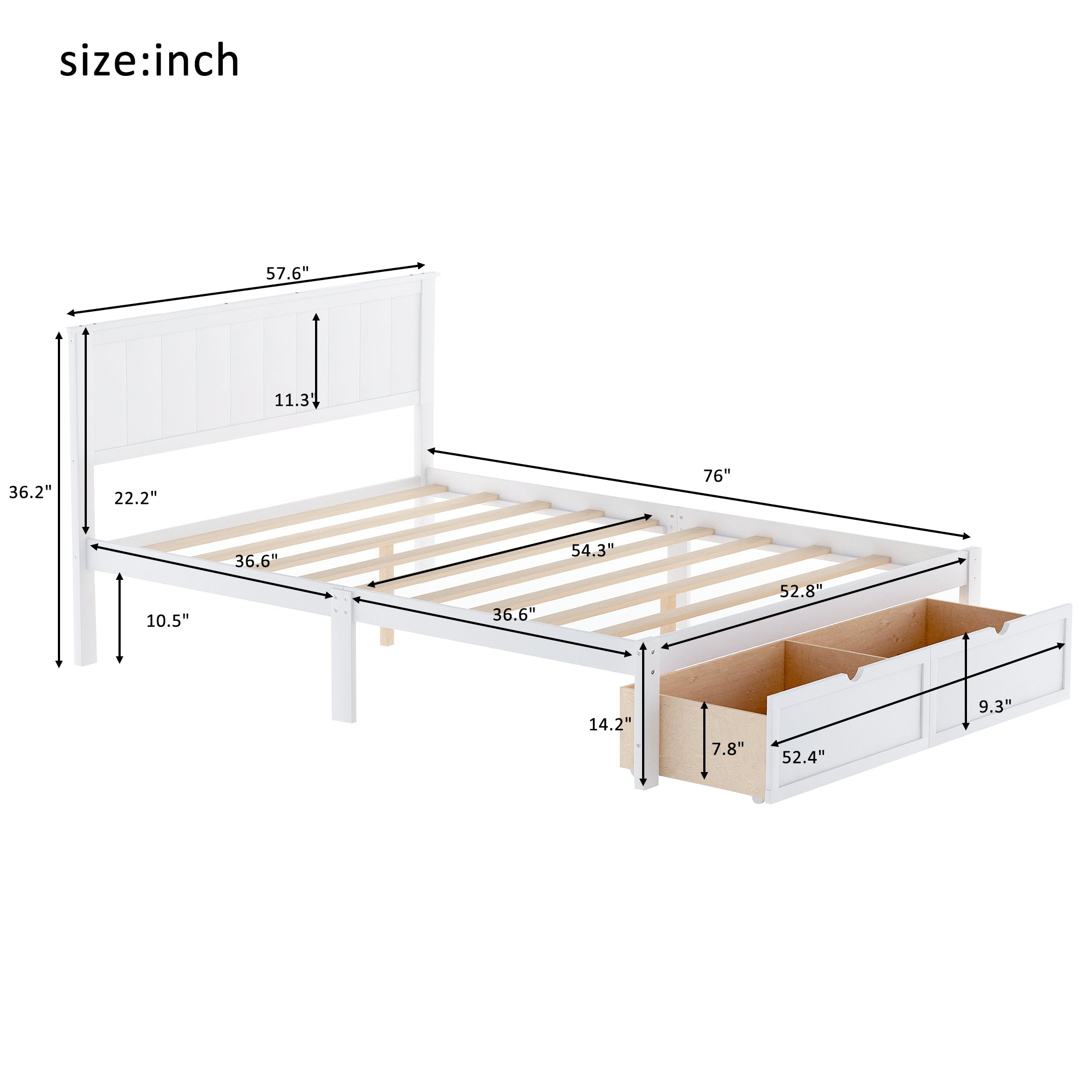 White Full Size Platform Bed with Under-bed Drawers, Solid Pine Wood and MDF, 78.3''L x 58.5''W x 36.2''H - Grand Goldman Shop