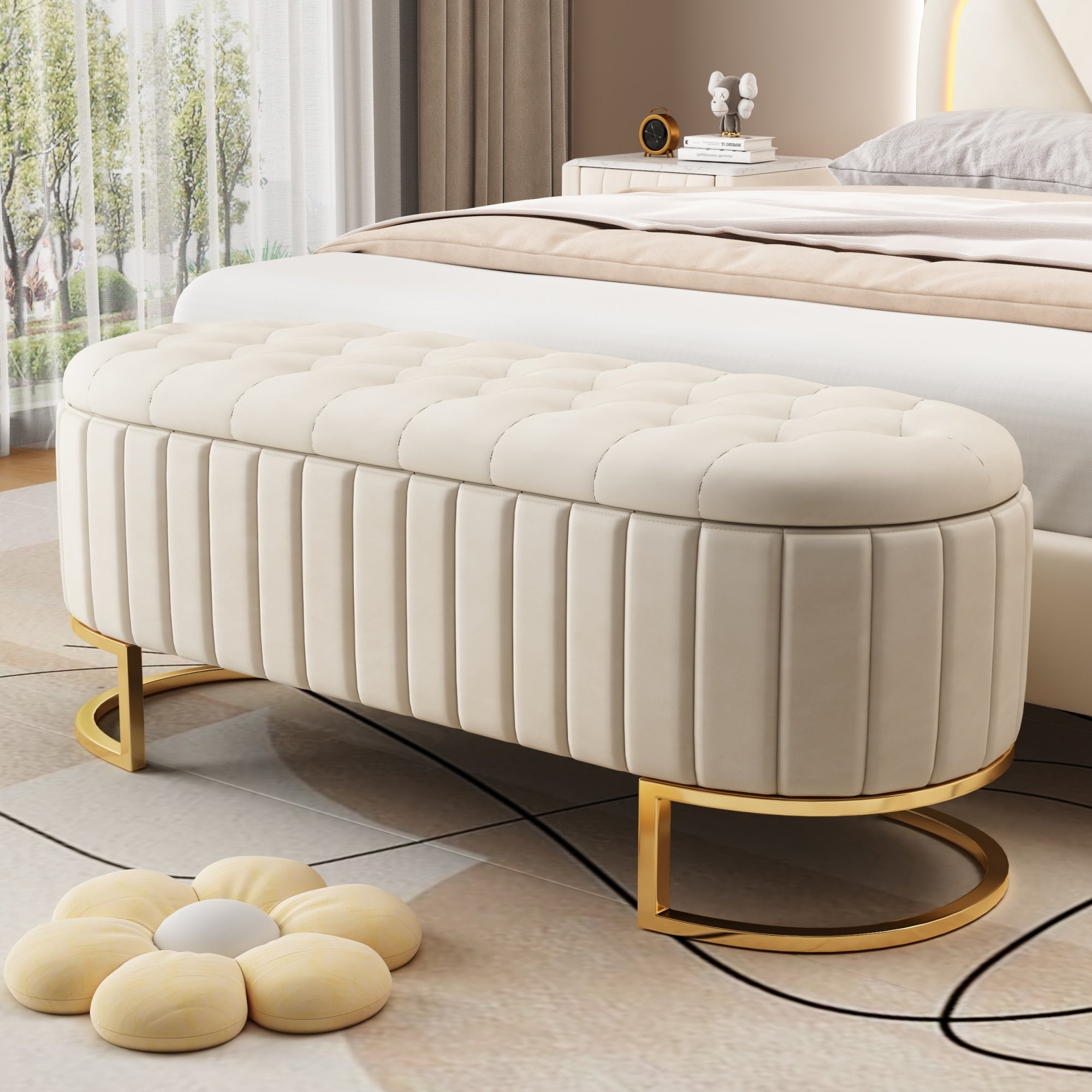 Elegant Upholstered Velvet Storage Ottoman with Button-Tufted,Storage Bench with Metal Legs for Bedroom,Living Room,Fully Assembled Except Legs,Beige - Grand Goldman Shop