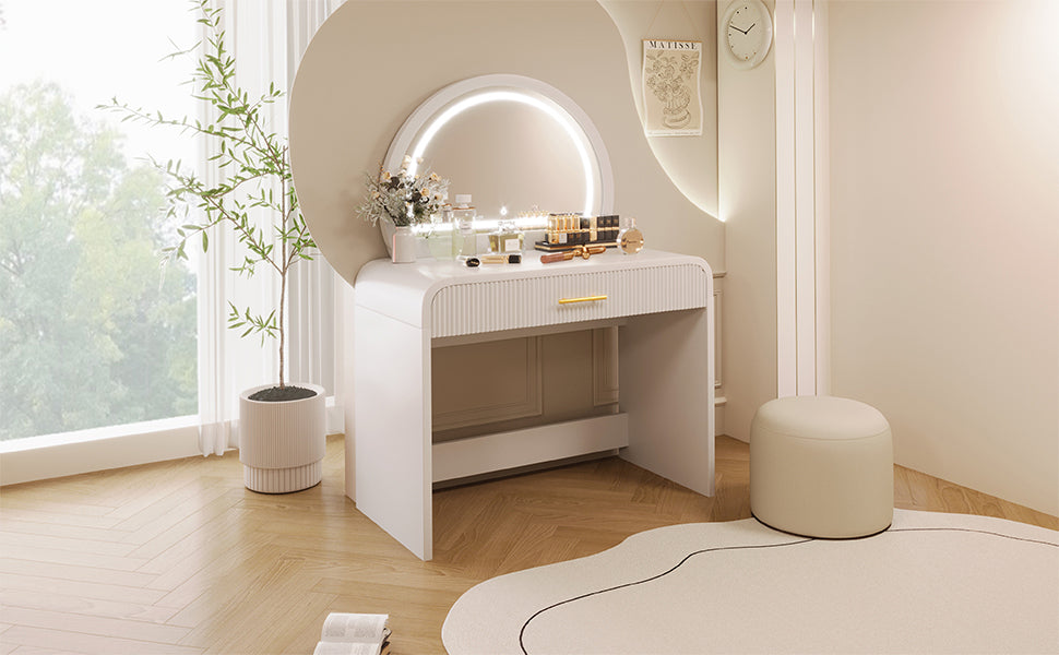 39' Makeup Vanity Table with Mirror Touch Screen Lighted Mirror, Dressing Table with Drawer for Bedroom, White - Grand Goldman Shop