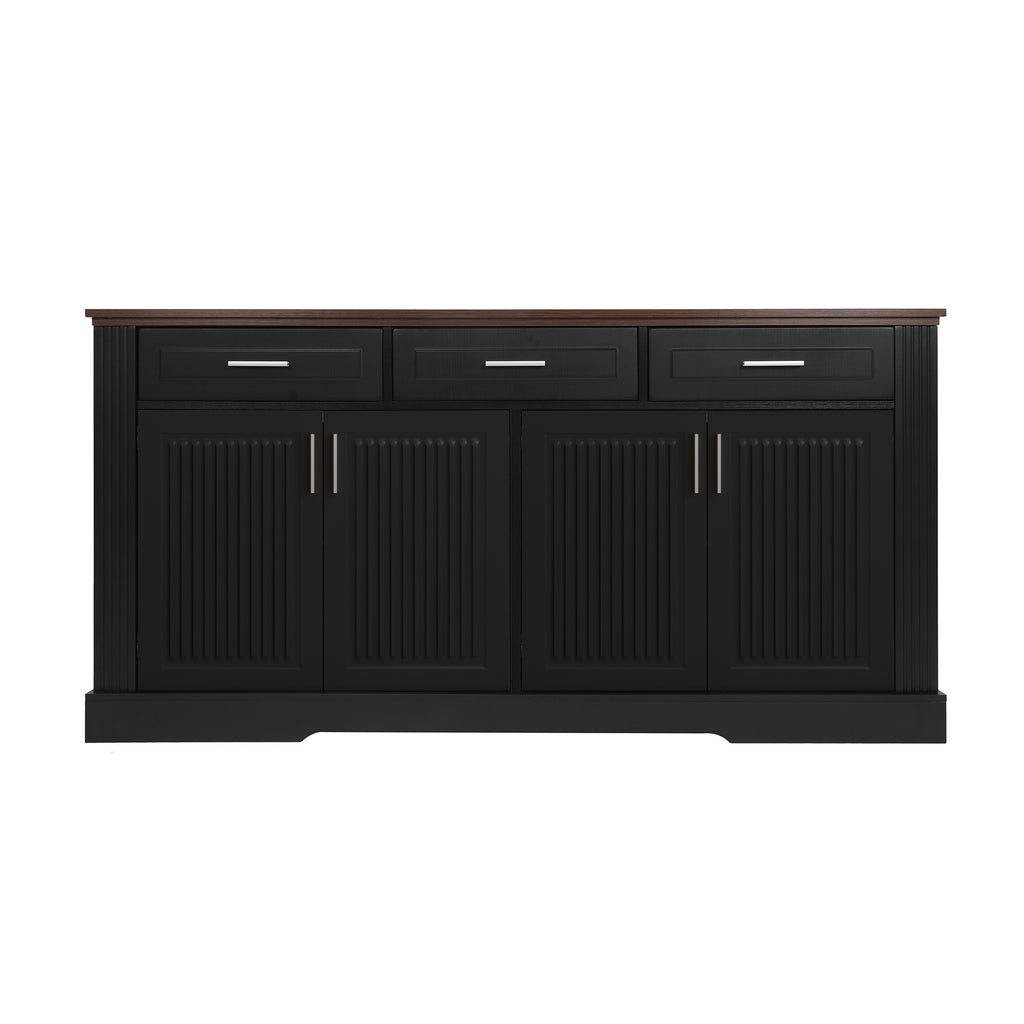 Black Fluted Sideboard Buffet Cabinet with 4 Doors and 3 Drawers, Modern Wood Kitchen Storage Console Table for Living Room Dining Room Entryway, 63' - Grand Goldman Shop