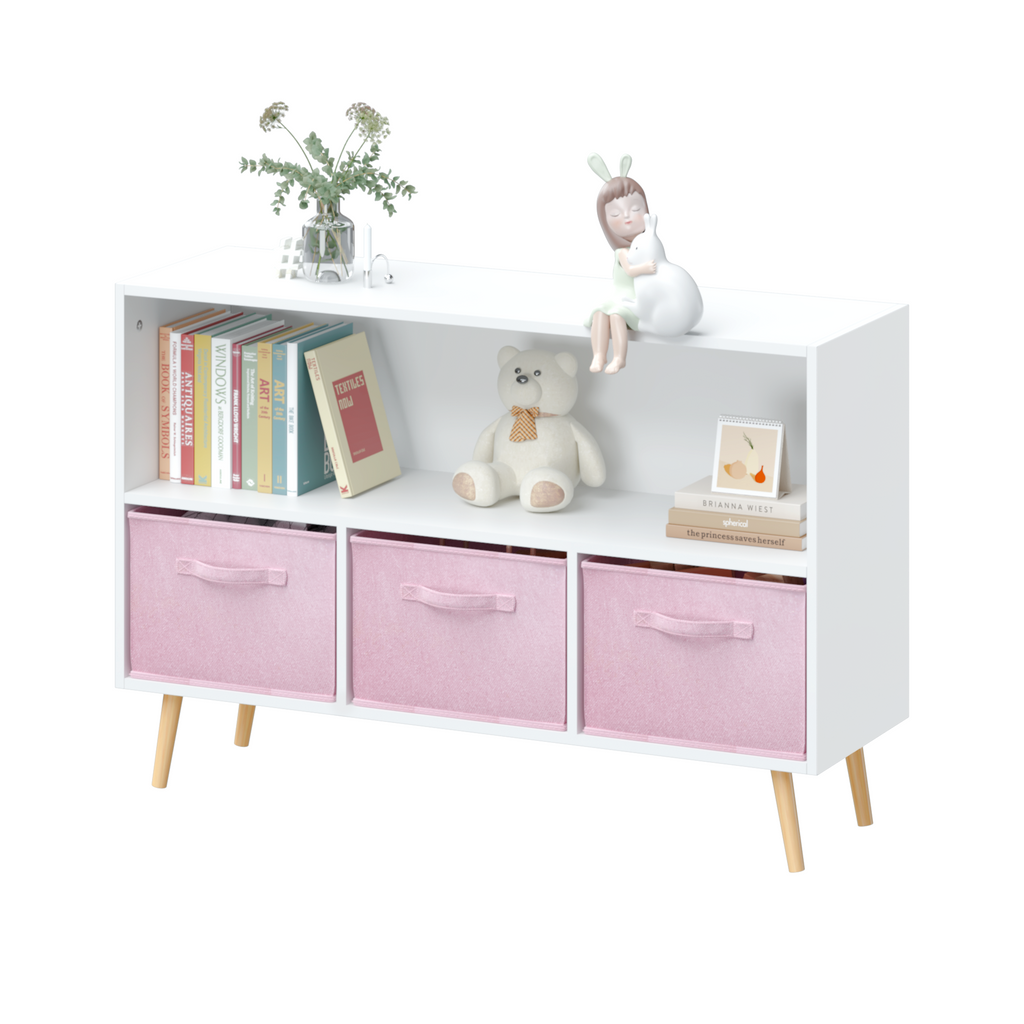 Modern Kids Bookcase with Collapsible Fabric Drawers, Children's Book Display & Toy Storage, White/Pink MDF & Pine Legs | Pre