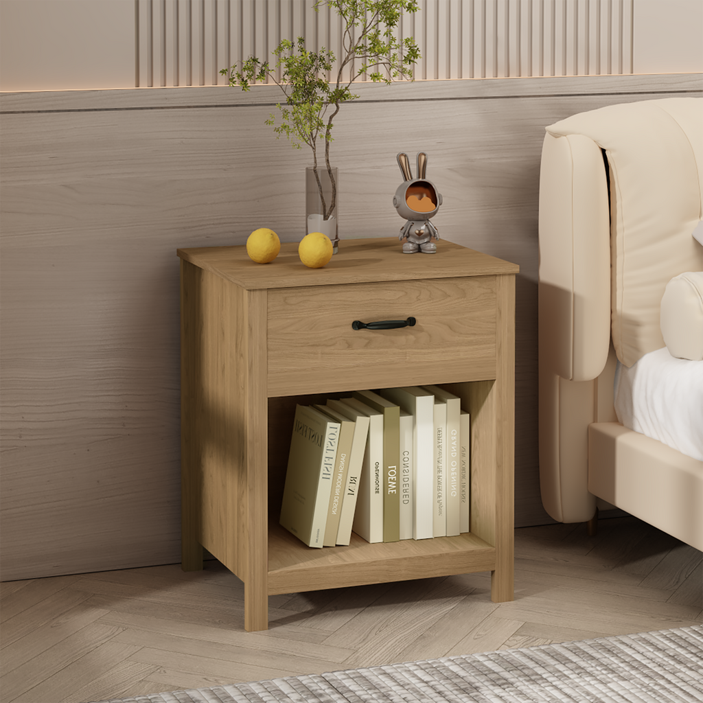 Wood Nightstand with Drawer and Open Shelf, Modern Bedside Table with Storage, Wooden End Table for Bedroom, Living Room or Apartment, Natural Finish, Brown - Grand Goldman Shop