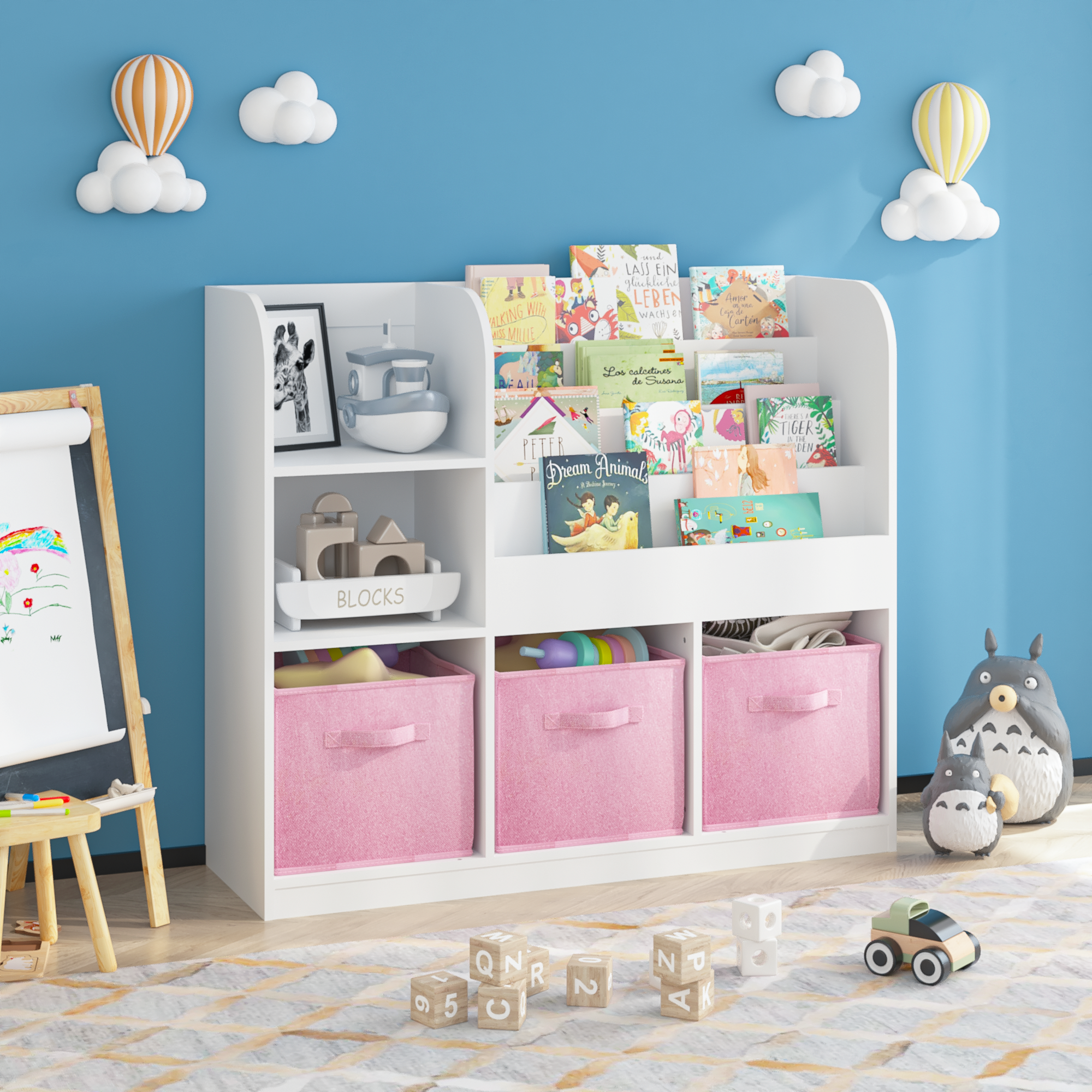 Kids Bookcase and Bookshelf with 3 Collapsible Fabric Drawers, Multifunctional White/Pink Display Stand for Bedroom, Playroom