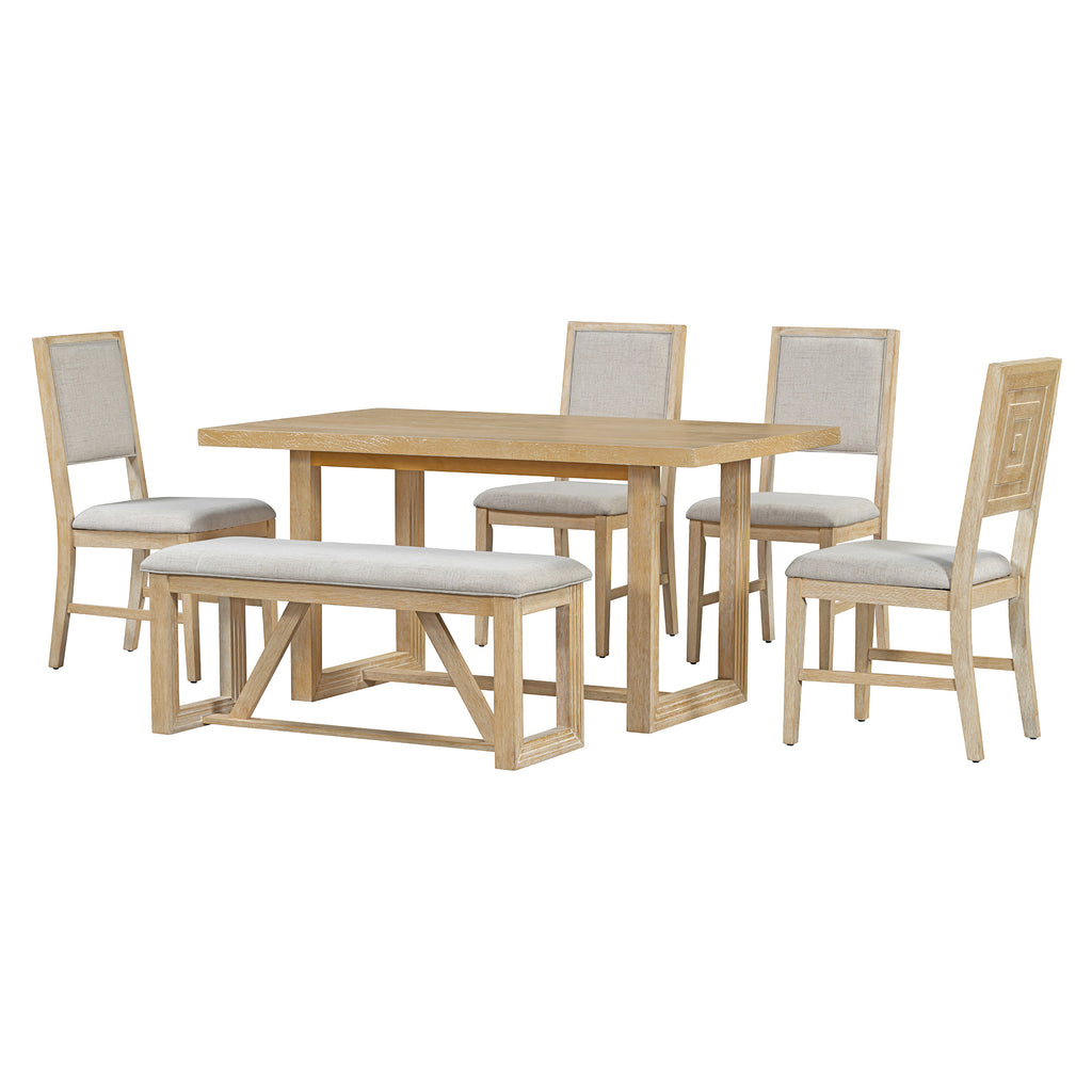TREXM 6-Piece Retro Dining Table Set for 6, 60' Wood Kitchen Table and Chairs Set of 4 with Bench Designed Trestle Base for kitchen & Dining Room (Natural) - Grand Goldman Shop