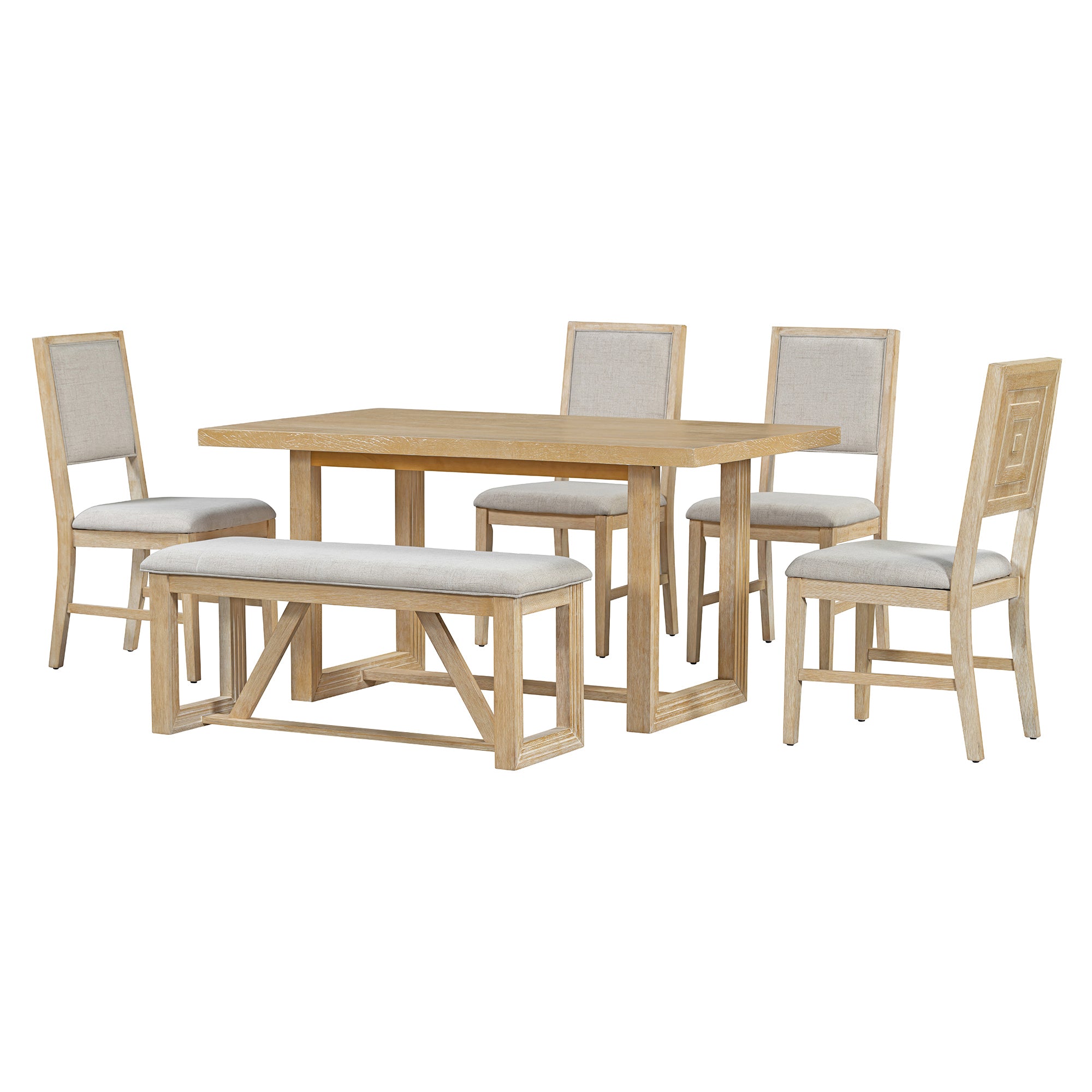 TREXM 6-Piece Retro Dining Table Set for 6, 60' Wood Kitchen Table and Chairs Set of 4 with Bench Designed Trestle Base for kitchen & Dining Room (Natural) - Grand Goldman Shop