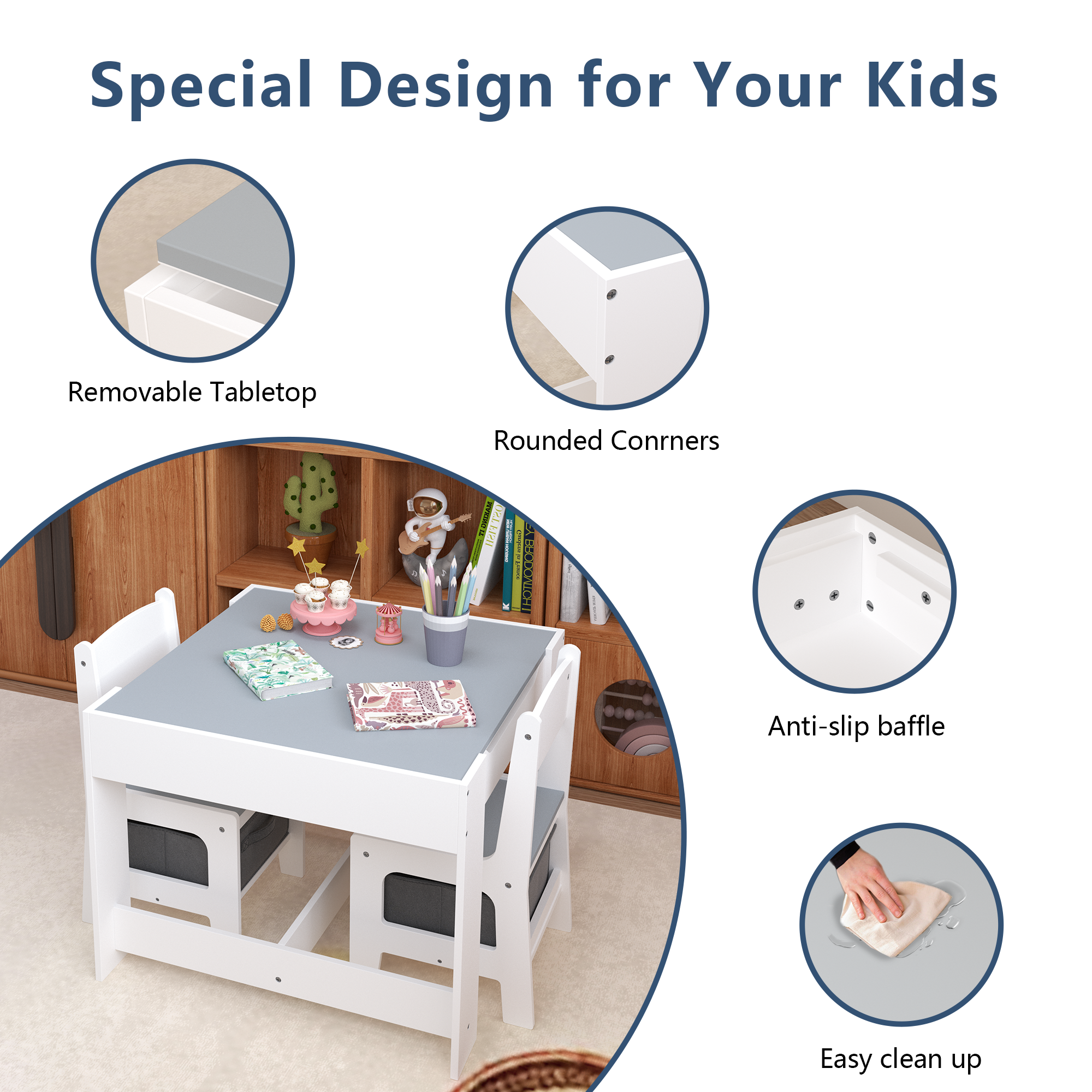 Kids Table and Chair Set, 3 in 1 Wooden Activity Table with Storage Drawer for Toddlers Drawing, Reading, Crafts, 2 in 1 Deta