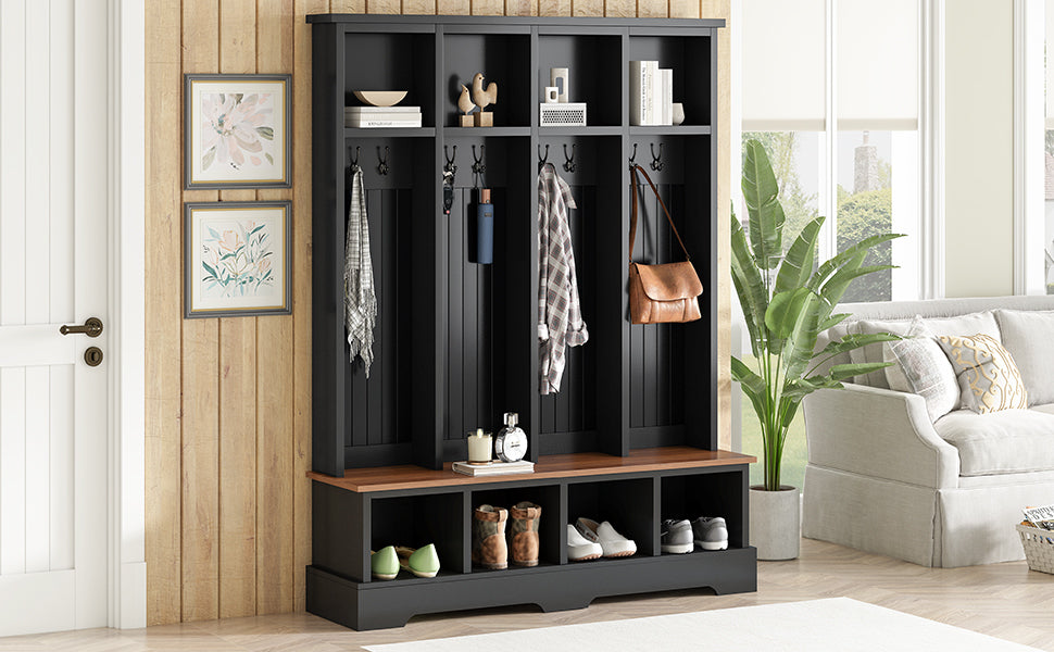 Farmhouse Hall Tree with 8 Hooks, Practical Entryway Bench with Open Compartments, 76.7'H Modern 3-in-1 Wooden Style Coat and Shoe Rack for Mudroom, Living Room, Black (OLD SKU: N721P292601B) - Grand Goldman Shop