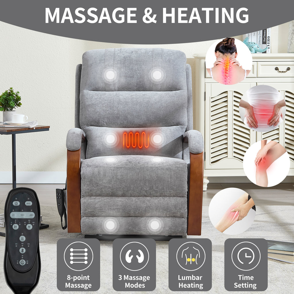 Power Grey Chenille Lift Recliner Chair Dual Motor Infinite Position Up to 350 LBS with Solid Wood Armrests, Heat Massage and Heavy Duty Motion Mechanism - Grand Goldman Shop