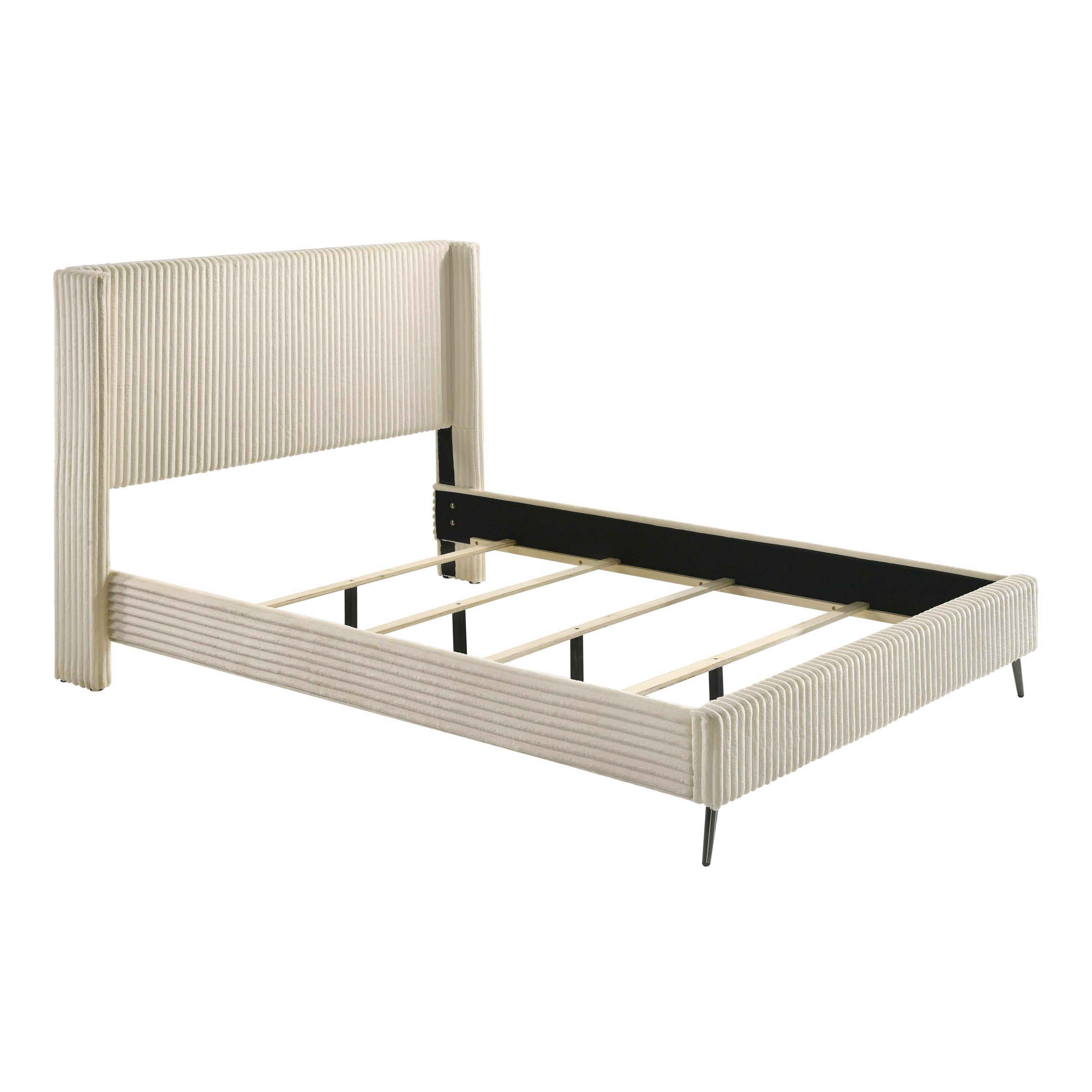 Mavela Wide Wale Corduroy Upholstery Panel Queen Bed with 2 Nightstands, Cream - Grand Goldman Shop