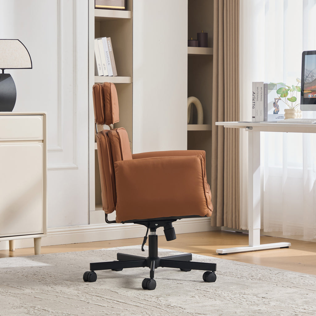 Criss Cross Chair with Adjustable Armrests & Wheels & Headrest, PU Lounge Vanity Desk Chair with Wide Seat for Cross-Legged S