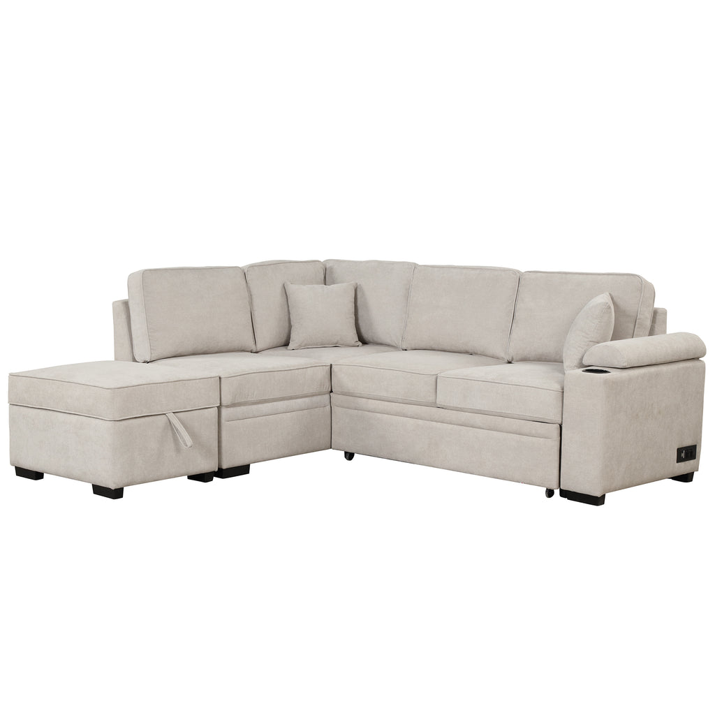 2 in 1 Sleeper Sofa Bed with Storage Ottoman, Beige Linen Upholstery, 84.75' L Shape Couch for Small Spaces - Grand Goldman Shop