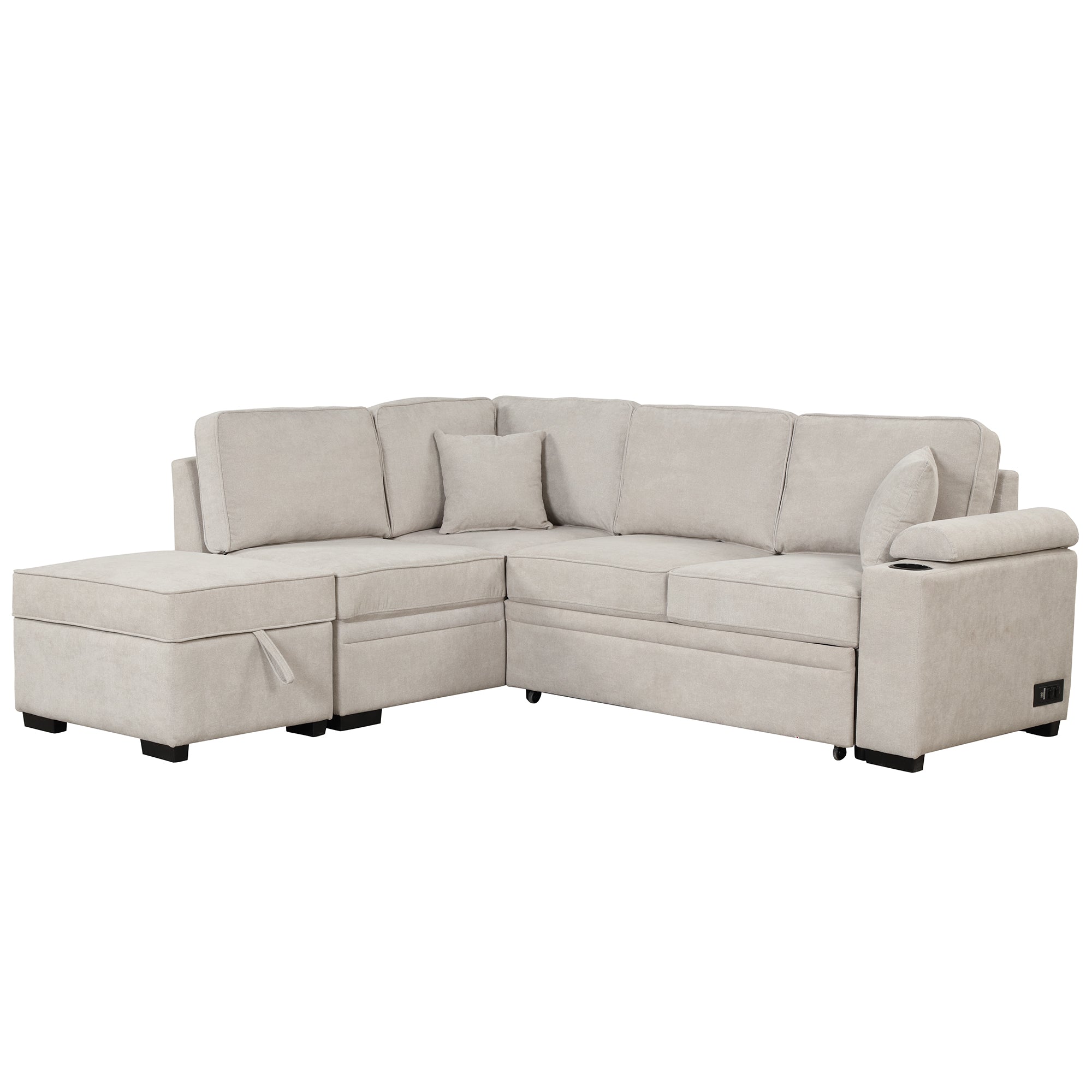 2 in 1 Sleeper Sofa Bed with Storage Ottoman, Beige Linen Upholstery, 84.75' L Shape Couch for Small Spaces - Grand Goldman Shop