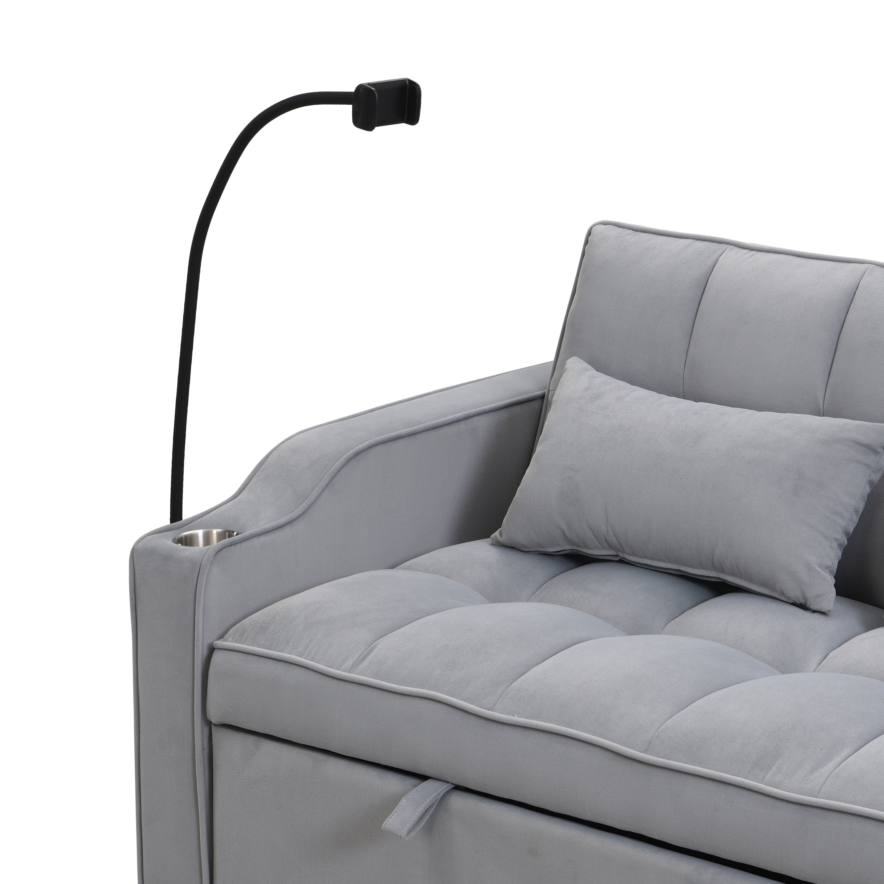 Modern Velvet Loveseat Futon Sofa Couch with Pullout Bed, Adjustable Backrest, Toss Pillows, Light Gray - Grand Goldman Shop