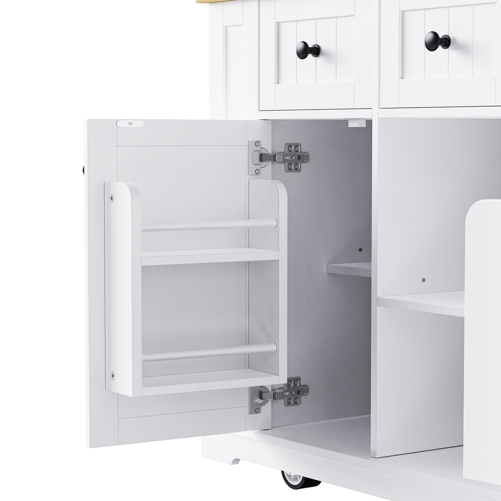 K&K 53inch Large Kitchen Island with Drop Leaf,Power Outlet,Door Internal Storage Rack,Rolling Kitchen Cart on 5 Wheels with 5 Open Side Racks for Kitchen,White (Two Packages)(Stools not included) - Grand Goldman Shop