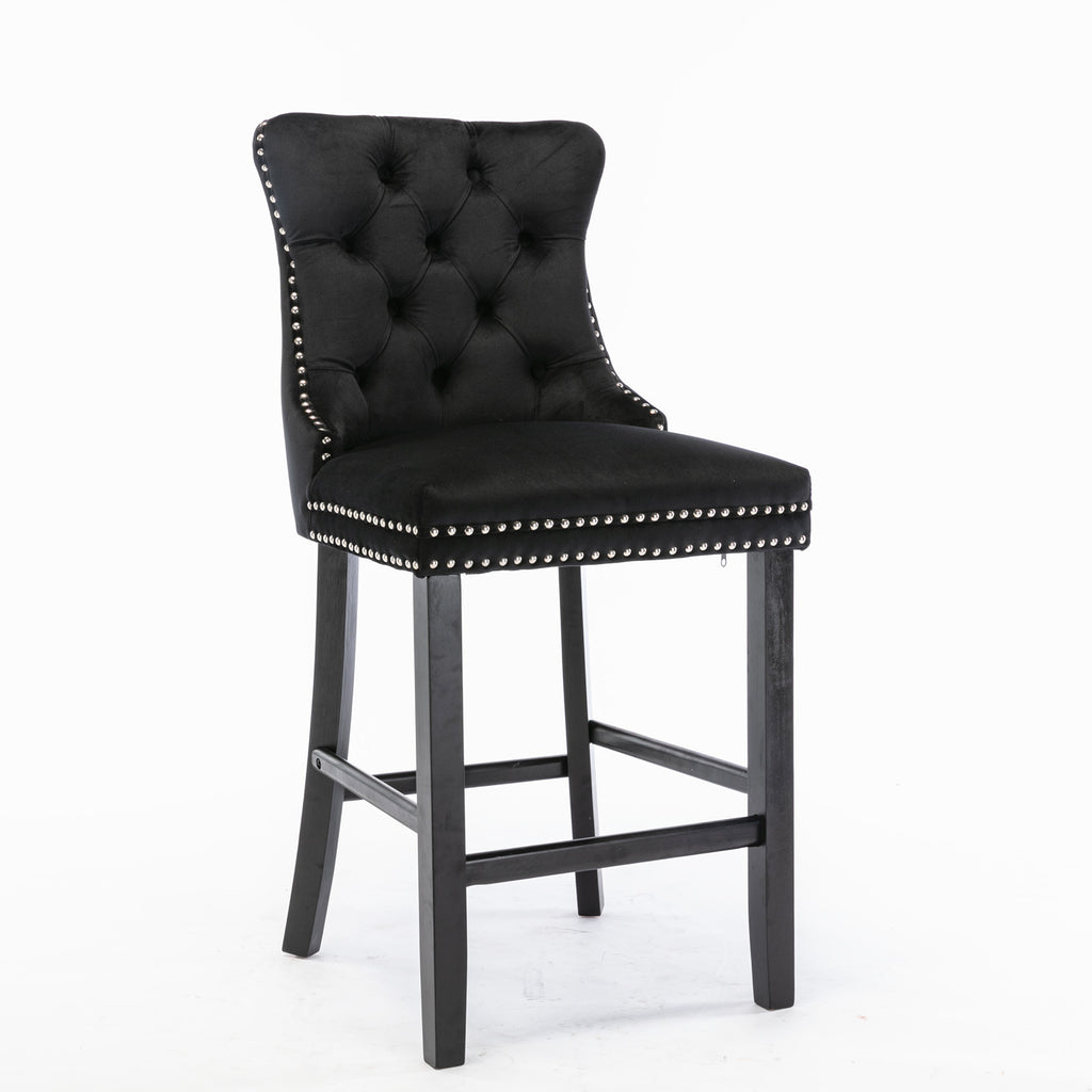Contemporary Velvet Upholstered Barstools with Button Tufted Decoration and Wooden Legs, and Chrome Nailhead Trim, Leisure Style Bar Chairs,Bar stools, Set of 2 (Black),SW2002BK - Grand Goldman Shop