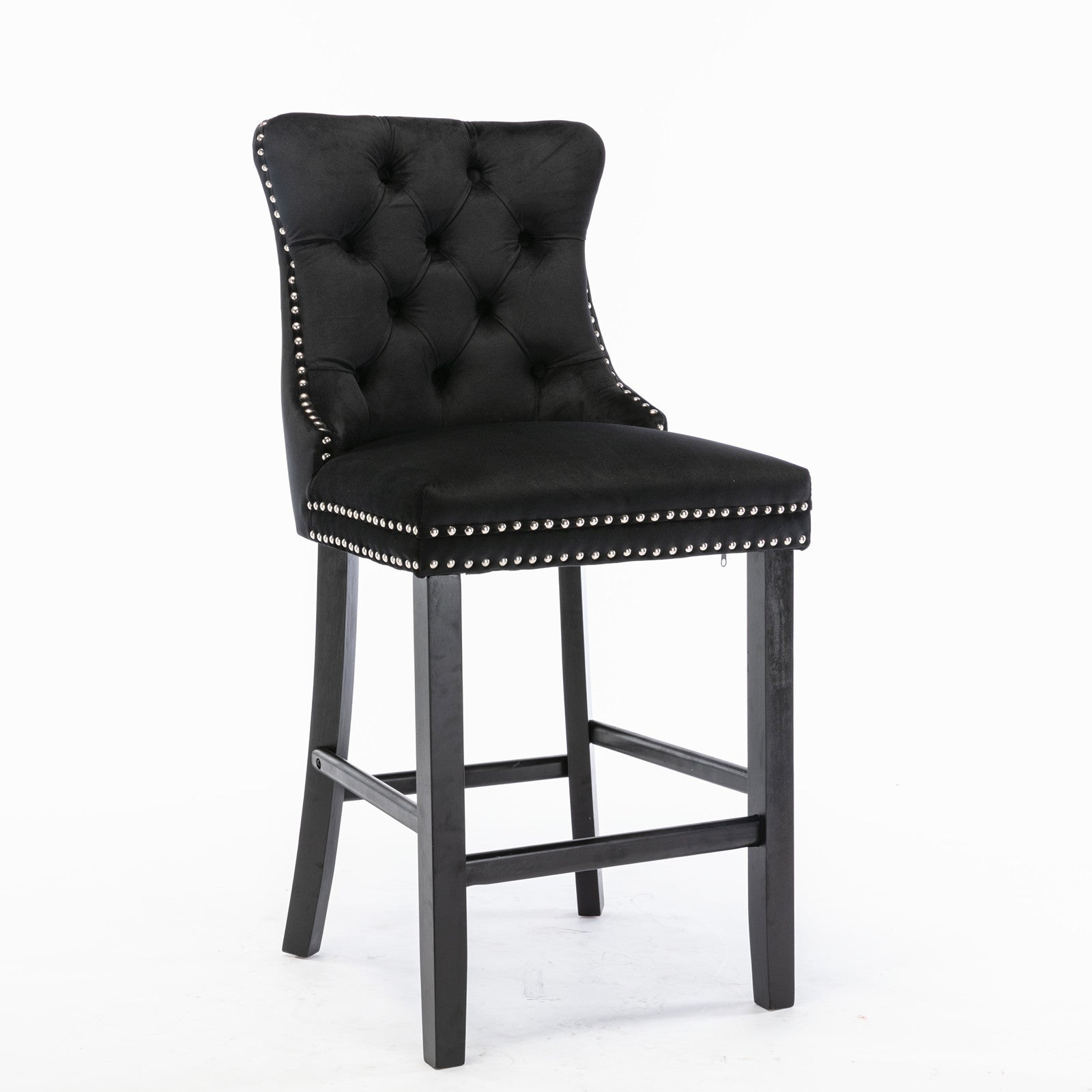 Contemporary Velvet Upholstered Barstools with Button Tufted Decoration and Wooden Legs, and Chrome Nailhead Trim, Leisure Style Bar Chairs,Bar stools, Set of 2 (Black),SW2002BK - Grand Goldman Shop