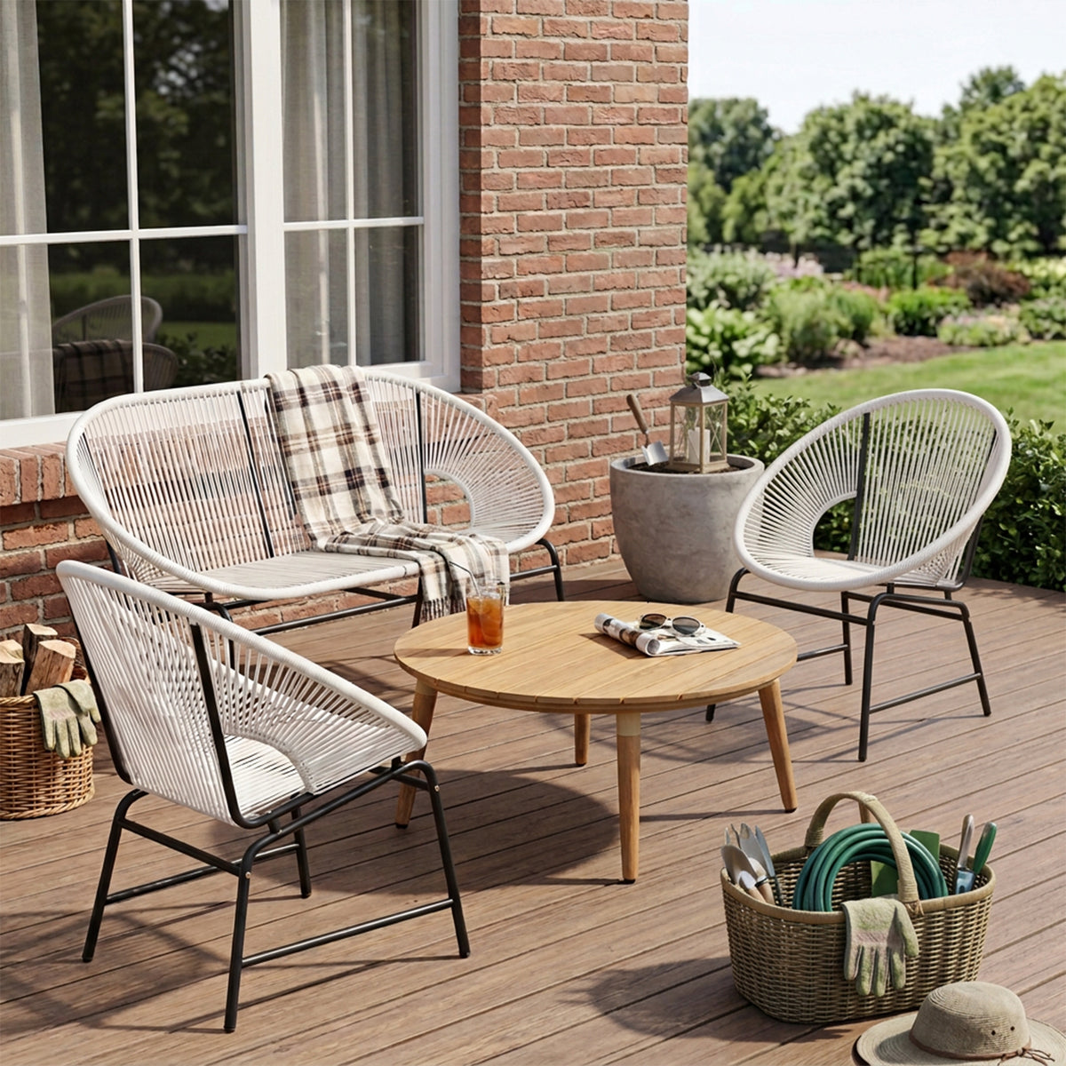 NUSA OUTDOOR PATIO 4-PCS CHAT SET, WHITE PE RATTAN & IRON FRAM FURNITURE, ACACIA WOOD TABLE