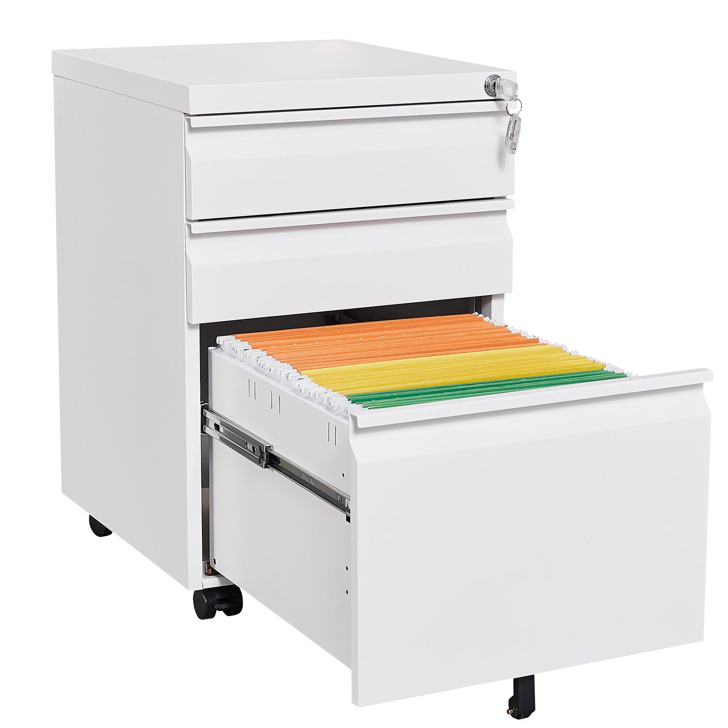Modern 3-Drawer Mobile Filing Cabinet with Lock, White Metal Office Storage, Legal/Letter Size - Grand Goldman