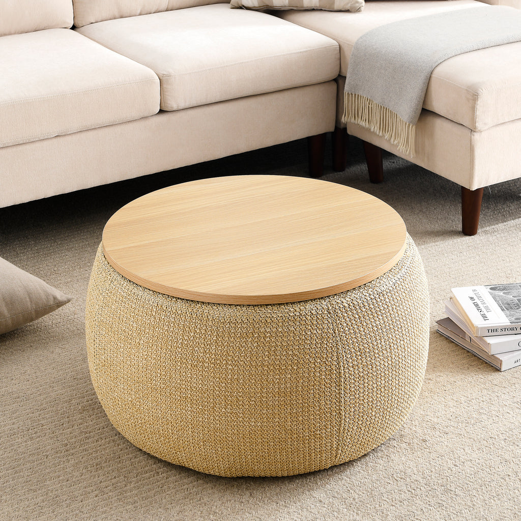 Round Storage Ottoman, 2 in 1 Function, Work as End table and Ottoman, Natural (25.5'x25.5'x14.5') - Grand Goldman Shop