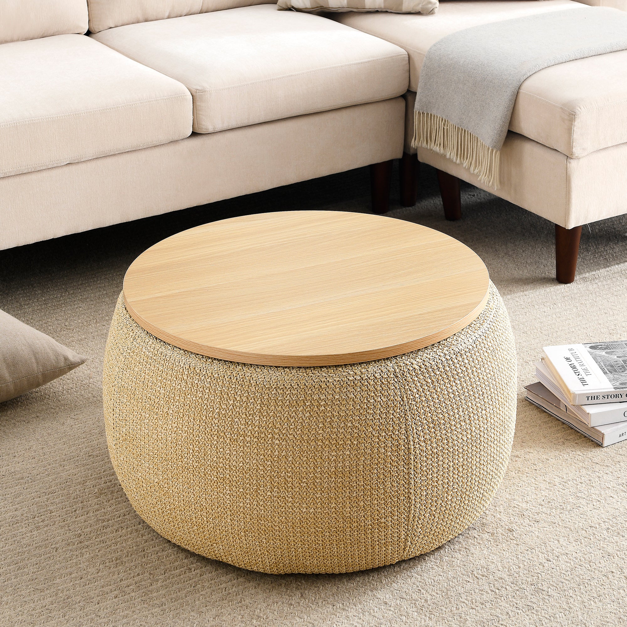 Round Storage Ottoman, 2 in 1 Function, Work as End table and Ottoman, Natural (25.5'x25.5'x14.5') - Grand Goldman Shop