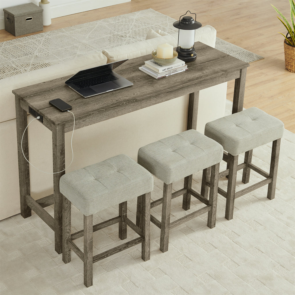 59 Inch Bar Table, Dining Table, Sofa Table with Power Outlet, 3 Upholstered Stools, 4 Piece Bar Table and Chair Set for Living Room, Dining Room, Kitchen - Grand Goldman Shop