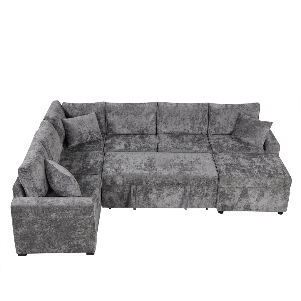 Modern Sectional Sofa Pull-out Sleeper with Storage Ottoman, USB Charging, Grey Tweed Chenille, 112.2' - Grand Goldman Shop
