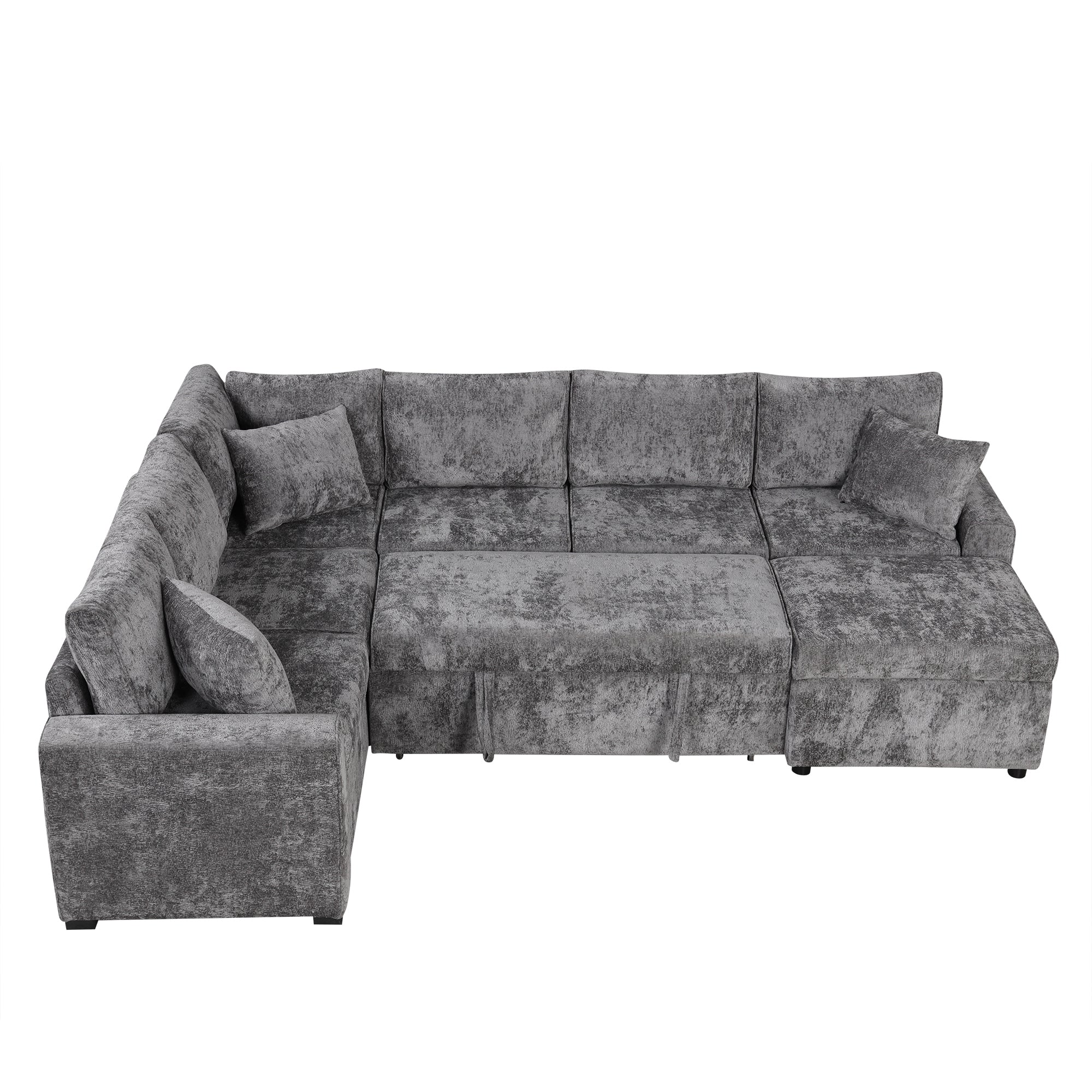Modern Sectional Sofa Pull-out Sleeper with Storage Ottoman, USB Charging, Grey Tweed Chenille, 112.2' - Grand Goldman Shop