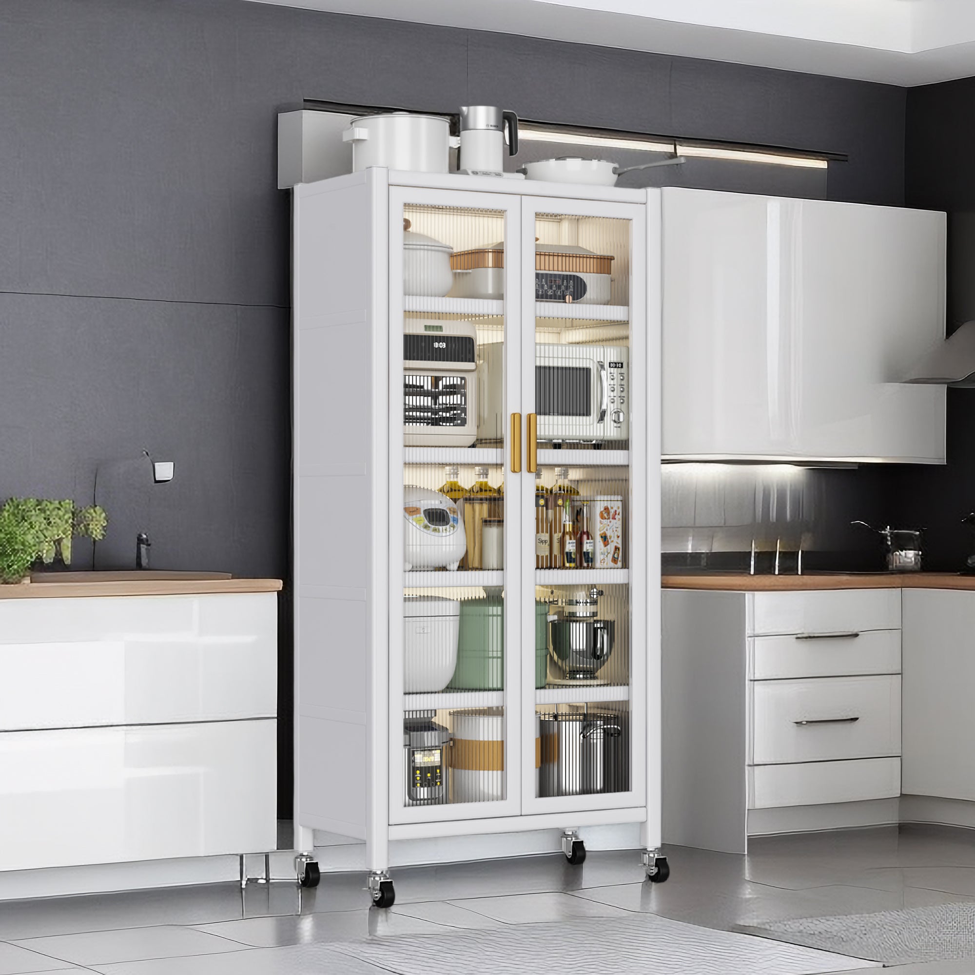 Open-door kitchen shelving Floor-to-ceiling multilevel household microwave storage cabinet bowls side cabinets cabinets Storage cabinets white color - Grand Goldman Shop