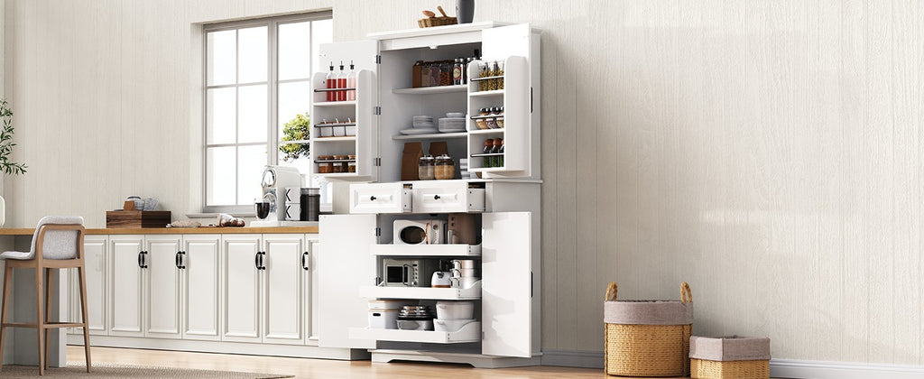 K&K 71' Tall Kitchen Pantry Cabinet with 3 Pull Out Cabinet Organizers, Farmhouse Embossed Texture Storage Cabinet with 6 Door Shelves, 2 Drawers, Freestanding Cupboard for Kitchen, Dining Room White - Grand Goldman Shop