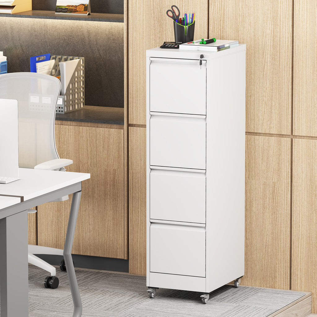 Stylish 4 Drawer Metal Locking Vertical File Cabinet with Wheels - Heavy-Duty Lockable Storage for Home & Office, Black and W