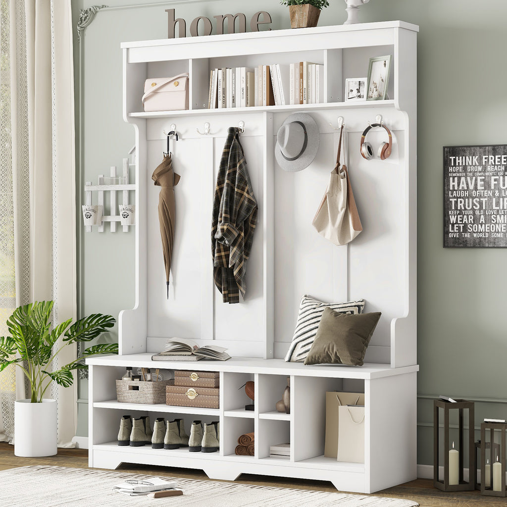 Modern Hallway Hall Tree with Metal Hooks and Storage Space, Multi-Functional Entryway Coat Rack with Shoe Cubbies, White - Grand Goldman Shop