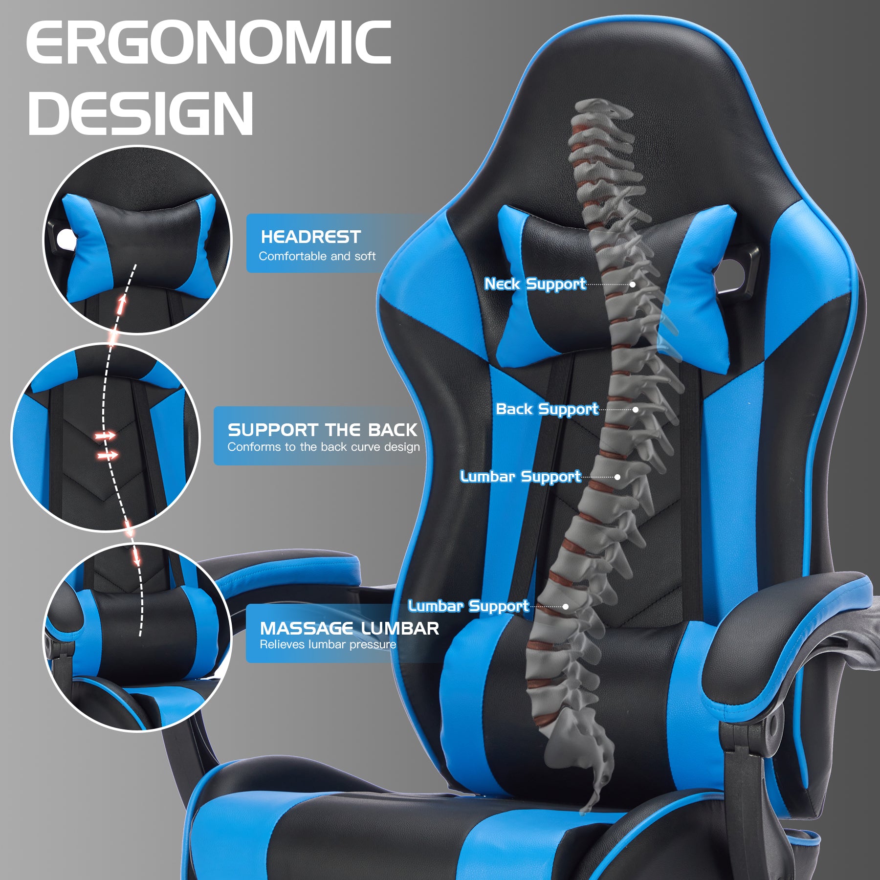 Gaming Chair with Footrest, Ergonomic Computer Chair with Headrest and Lumbar Support, Breathable Material Height Adjustable 