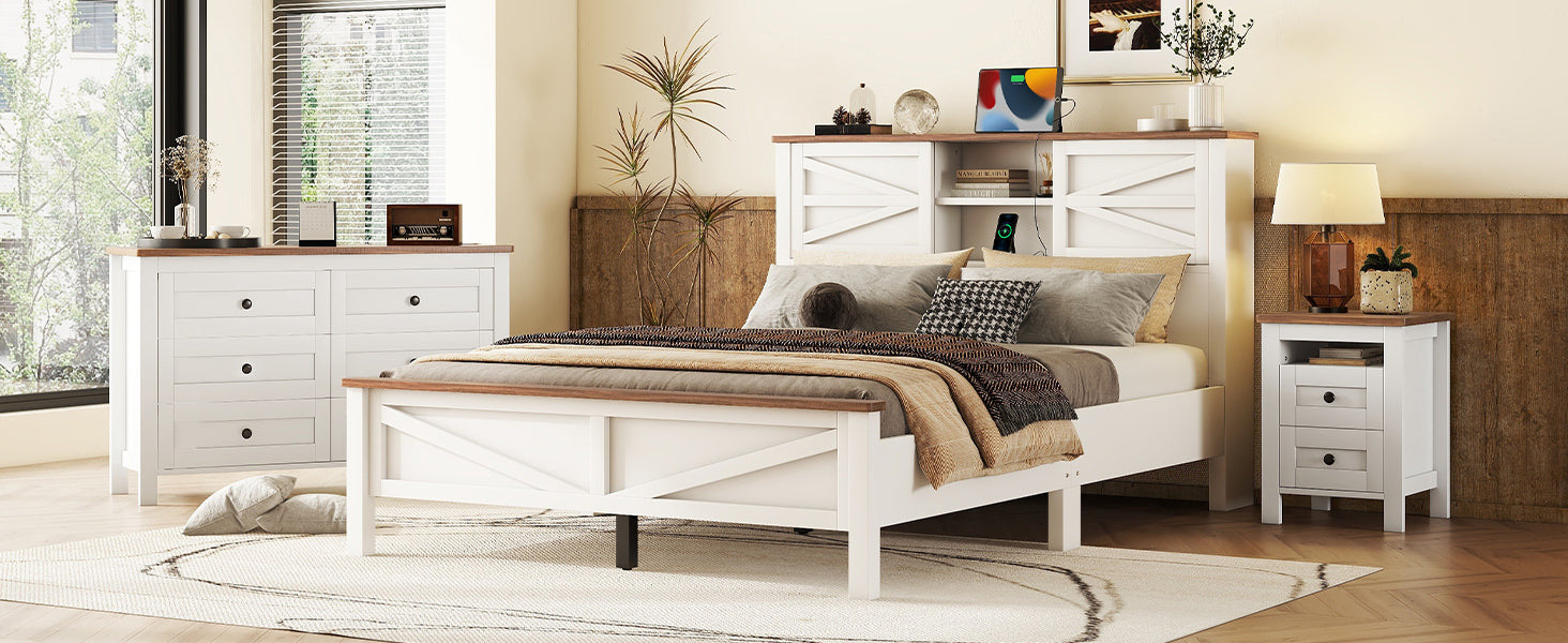 3-Pieces Bedroom Sets Queen Size  Farmhouse Platform Bed with Double Sliding Door Storage Headboard, Storage Nightstand and Dresser, White+Brown(Old SKU HL000092AAK) - Grand Goldman Shop