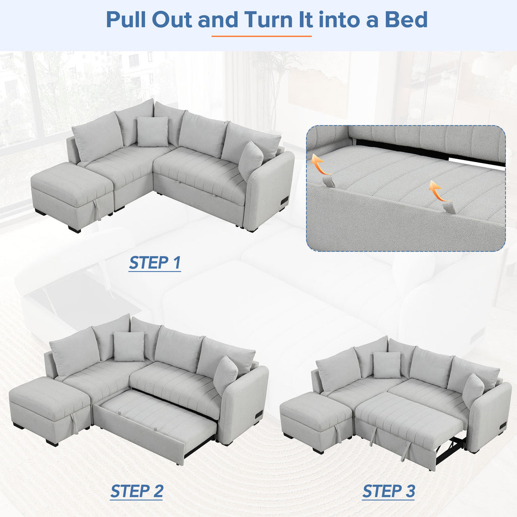 Modern L-shaped Sectional Pull Out Sofa Bed with USB Ports & Storage Ottoman, Gray Jacquard Fabric, 82.6' - Grand Goldman Shop