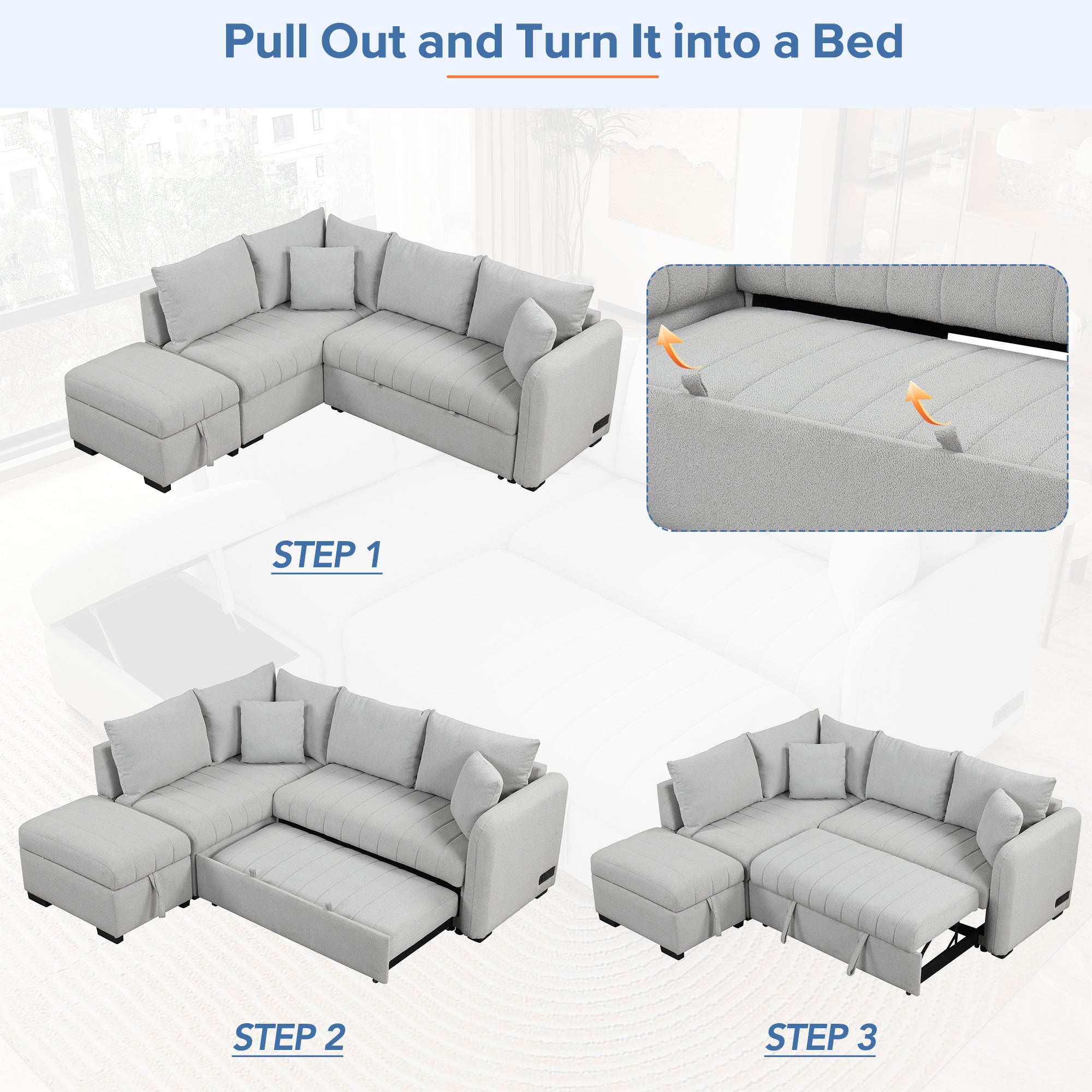 Modern L-shaped Sectional Pull Out Sofa Bed with USB Ports & Storage Ottoman, Gray Jacquard Fabric, 82.6' - Grand Goldman Shop