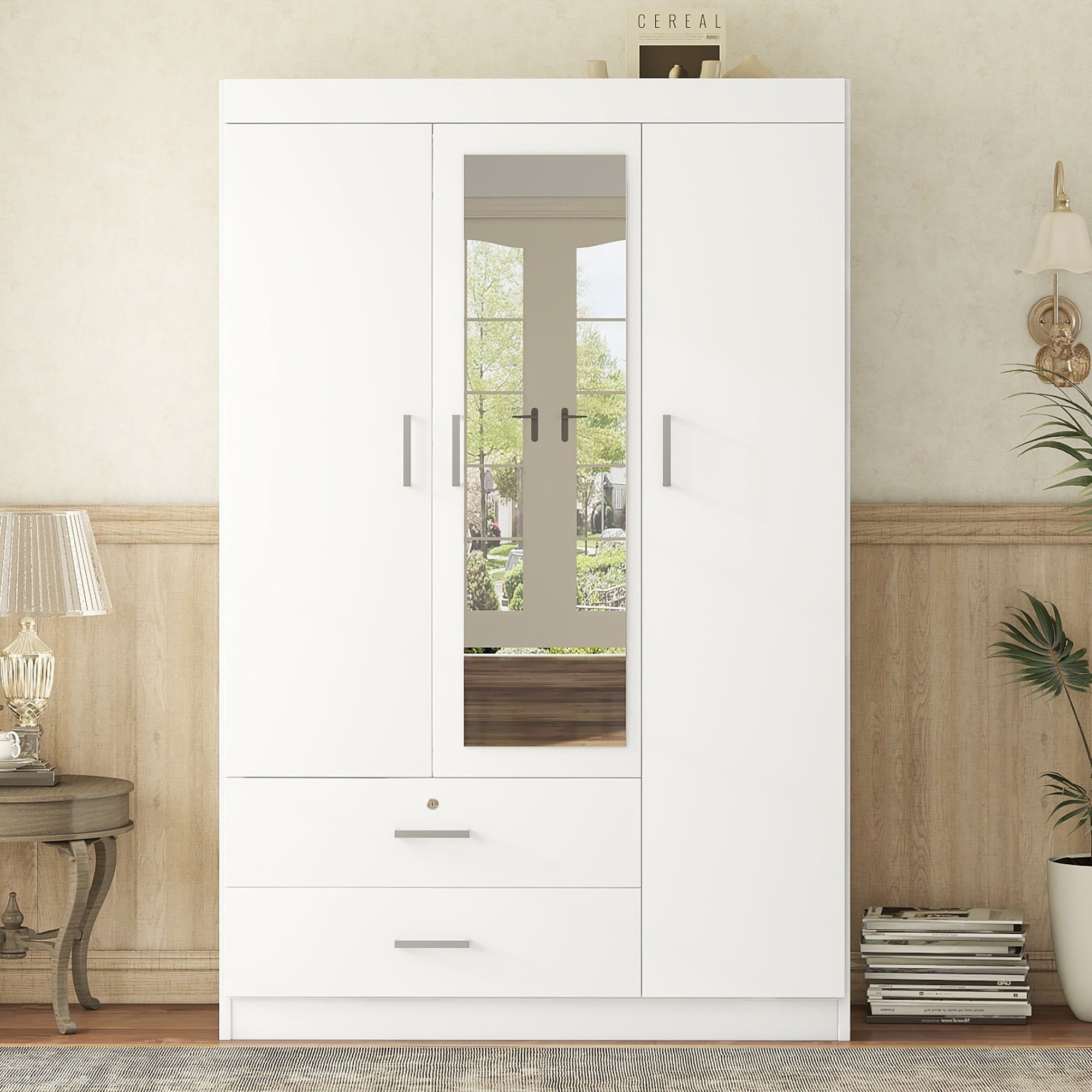 3-Door Mirror Wardrobe with shelves, White - Grand Goldman Shop
