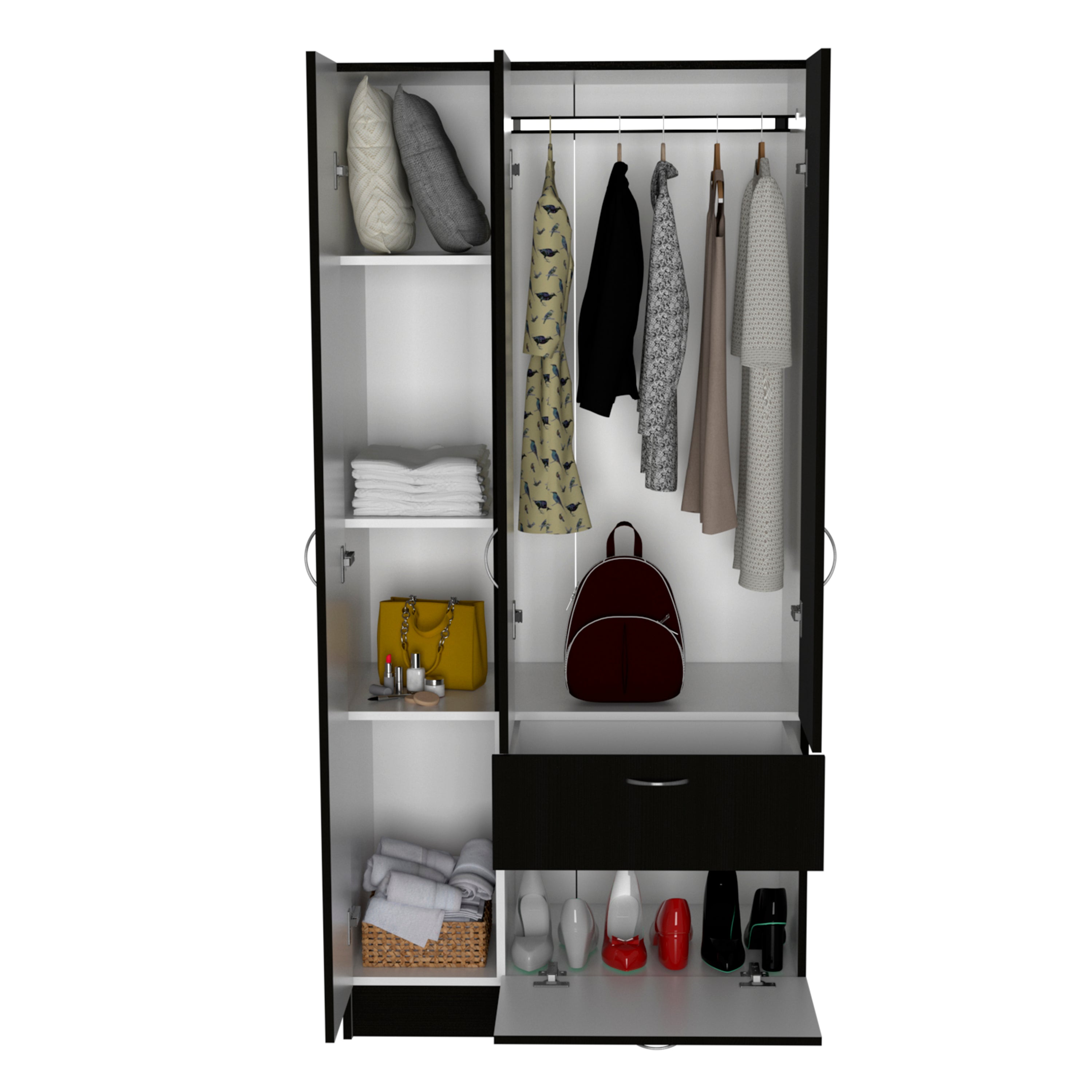 Primavera Armoire, Double Door Cabinets, One Drawer, Metal Rod, Five Shelves -Black / White - Grand Goldman Shop