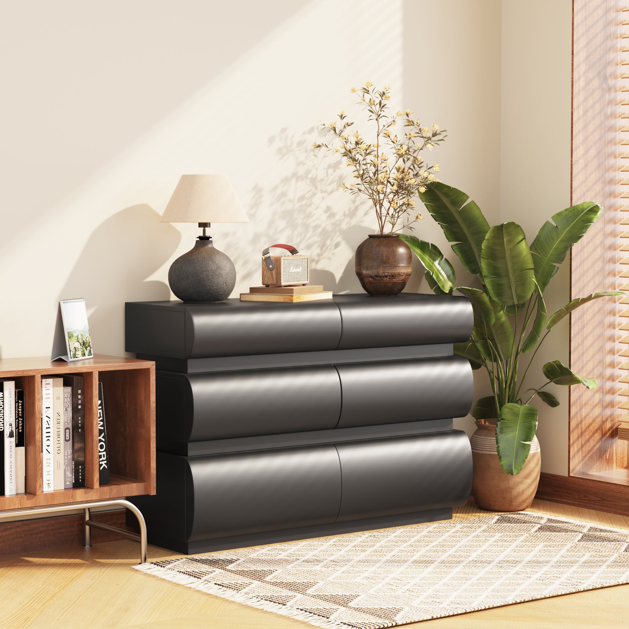 Minimalist Modern 6 Drawer Dresser in Black, Handle-Free Design with Wide Storage, MDF Construction, 43.31 x 15.75 x 29.53 inches - Grand Goldman Shop