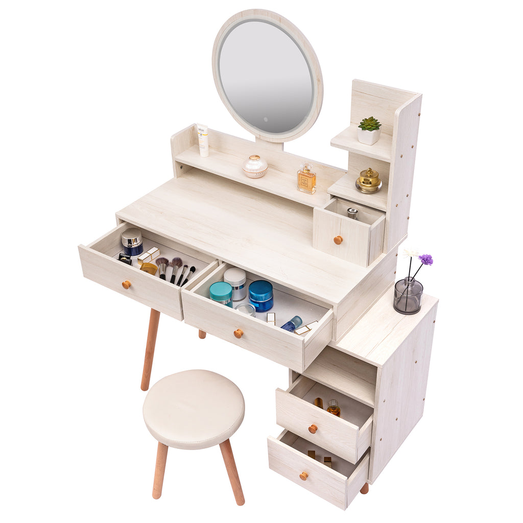 CRAZY ELF Stylish Vanity Table + Cushioned Stool, Touch Control LED Mirror, Large Capacity Storage Cabinet, 5 Drawers, Fashionable Makeup Furniture, Length Adjustable(L31.5'-43.2'x W15.8' x H48.1') - Grand Goldman Shop
