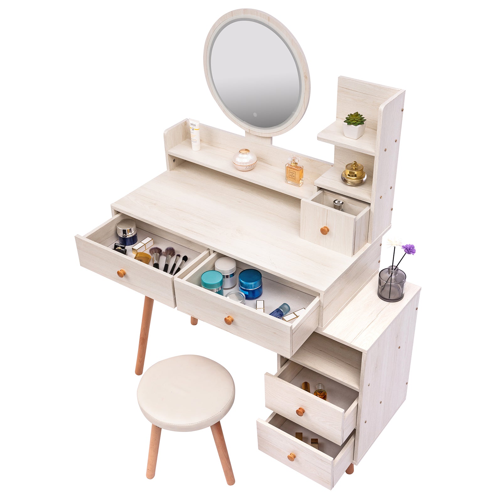 CRAZY ELF Stylish Vanity Table + Cushioned Stool, Touch Control LED Mirror, Large Capacity Storage Cabinet, 5 Drawers, Fashionable Makeup Furniture, Length Adjustable(L31.5'-43.2'x W15.8' x H48.1') - Grand Goldman Shop