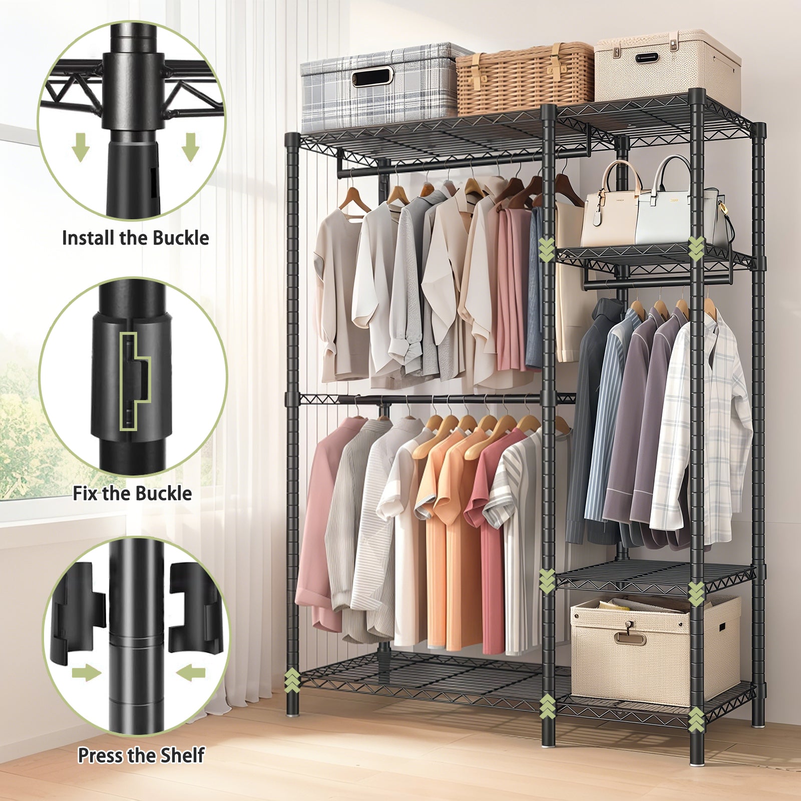 Heavy Duty Freestanding Clothes Rack, with 6 Adjustable Wire Shelves and 3 Garment Rails,Black Metal - Grand Goldman Shop