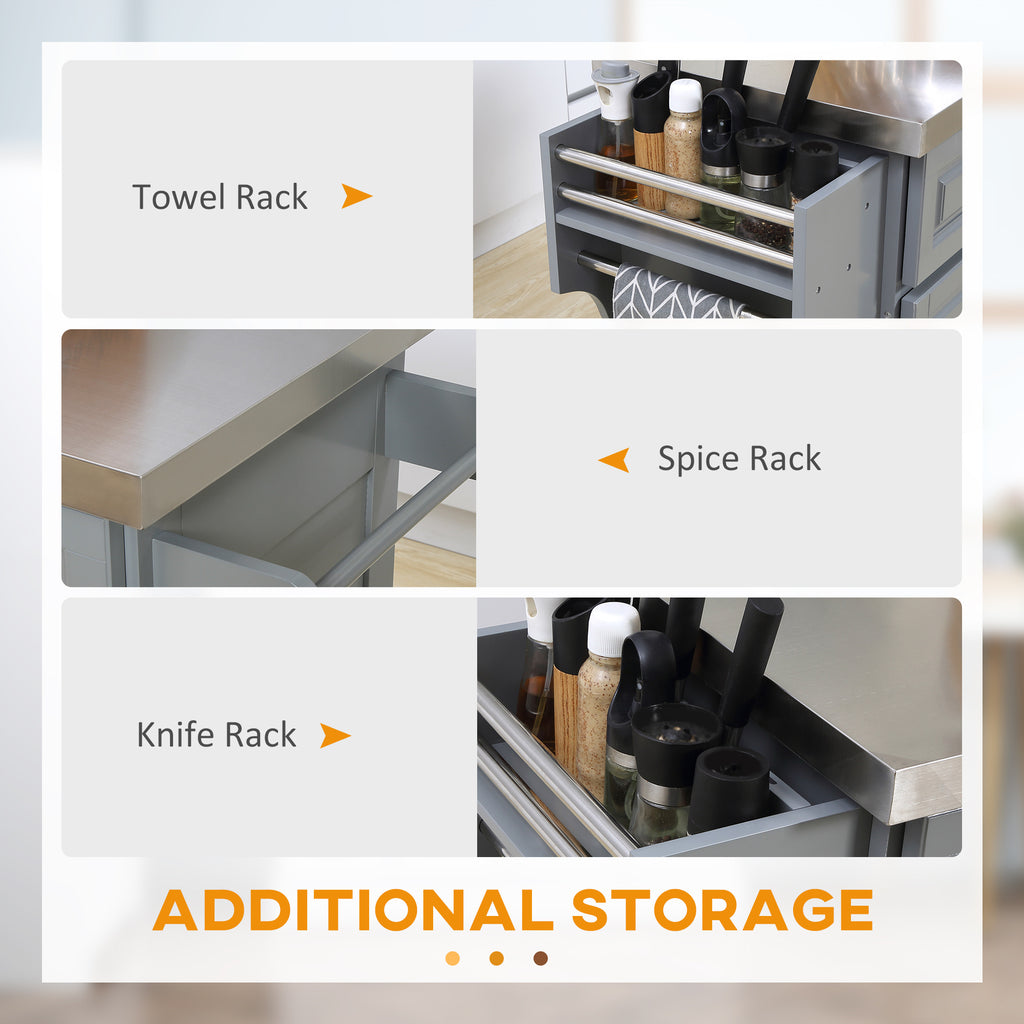 HOMCOM Rolling Kitchen Island with Stainless Steel Top and Storage, Gray, MDF, 57 x 17.75 x 36 inches - Grand Goldman Shop