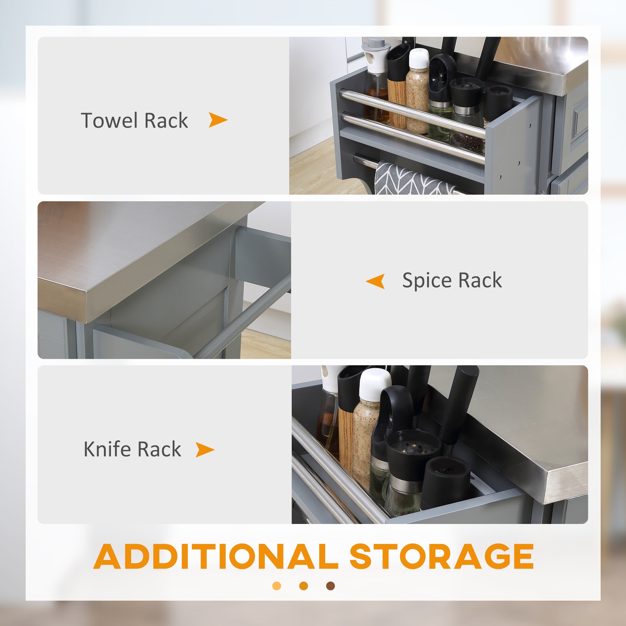 HOMCOM Rolling Kitchen Island with Stainless Steel Top and Storage, Gray, MDF, 57 x 17.75 x 36 inches - Grand Goldman Shop
