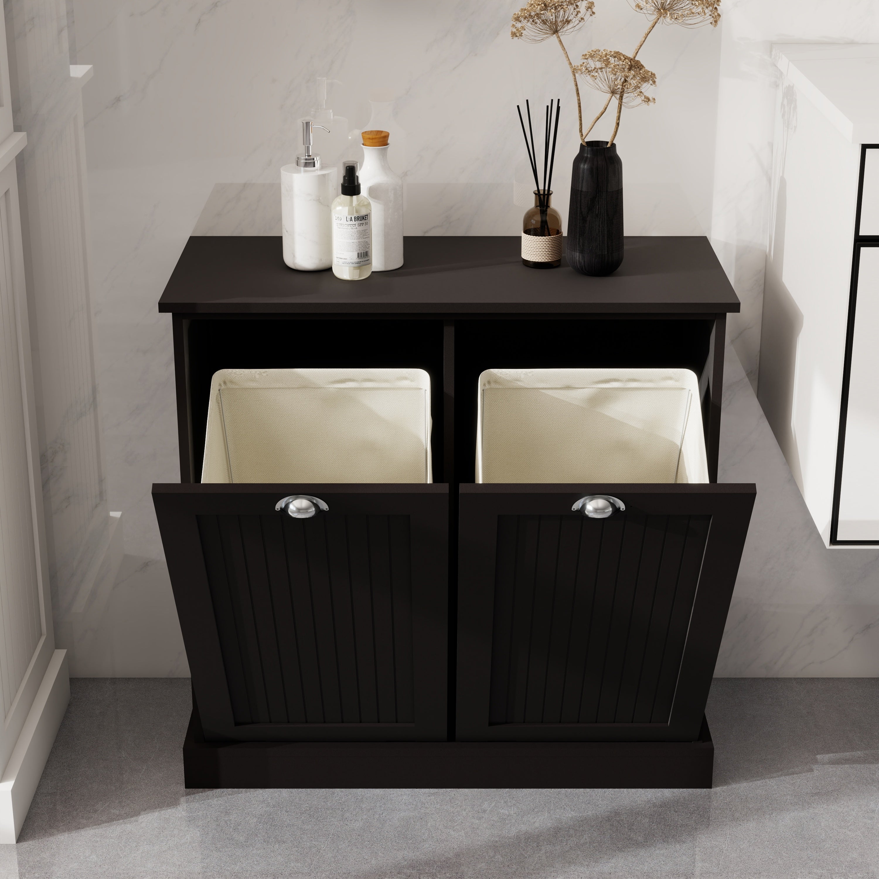 Two-Compartment Tilt-Out Laundry Sorter Cabinet-Black - Grand Goldman Shop