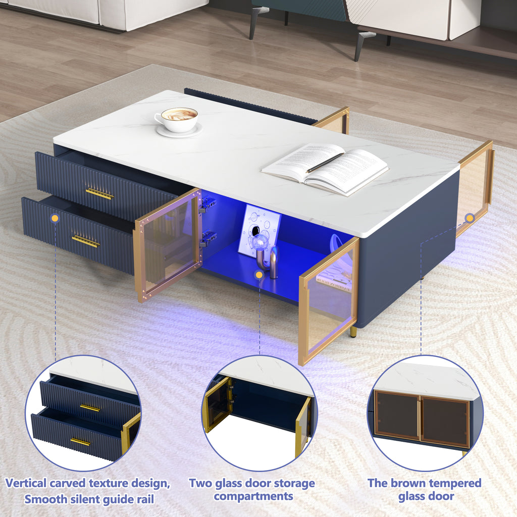 Modern Navy Blue Coffee Table with 2 Glass Door Storage, 4 Drawers, Gold Metal Legs, and Multi-Color Lighting in 47.2'' - Grand Goldman Shop
