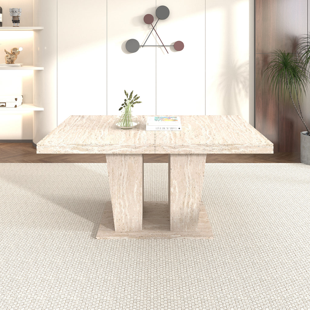 Rectangular extendable dining table, suitable for 6-10 people, with veined travertine pattern, dimensions 160-200 cm, simple and elegant. - Grand Goldman Shop