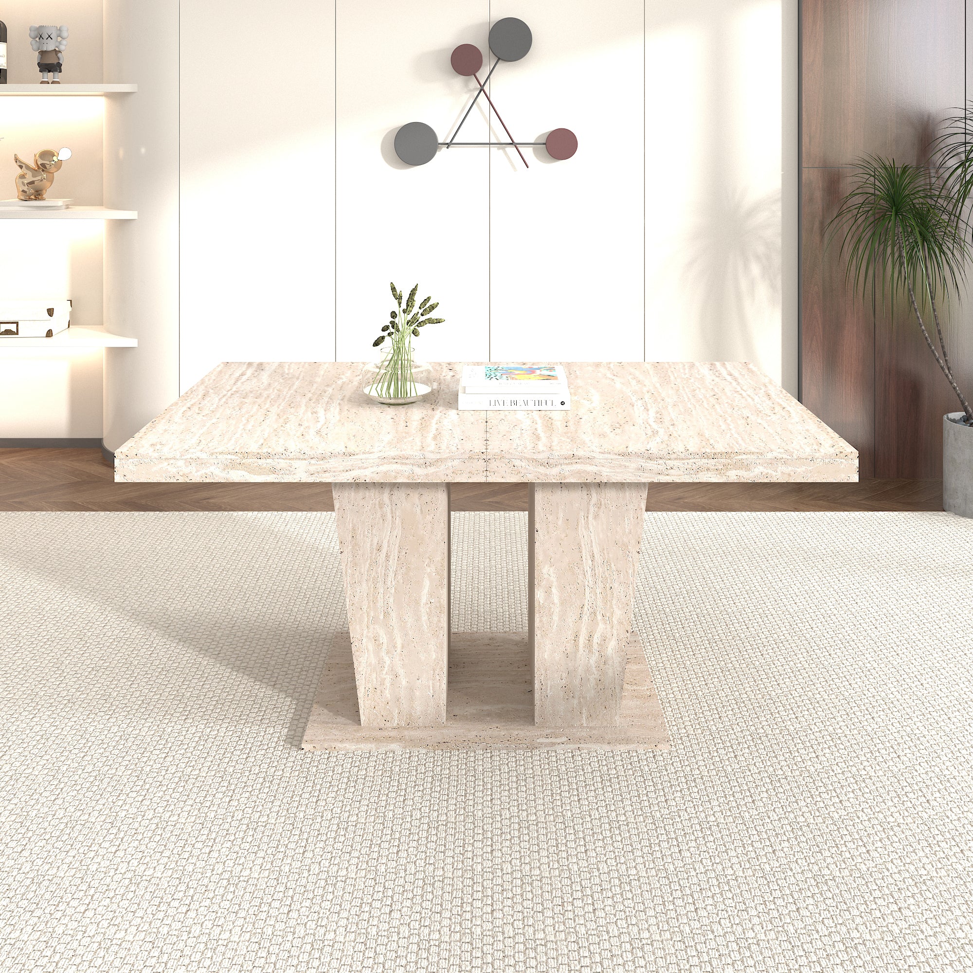 Rectangular extendable dining table, suitable for 6-10 people, with veined travertine pattern, dimensions 160-200 cm, simple and elegant. - Grand Goldman Shop