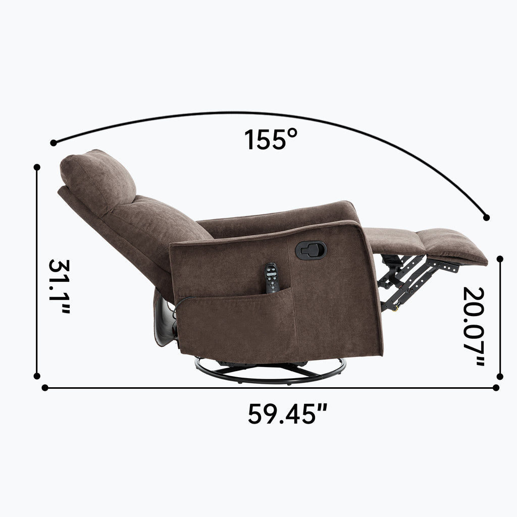 Heat Massage Manual Recliner Chair with Rocker and Swivel in Fabric for Living Room, Brown - Grand Goldman Shop
