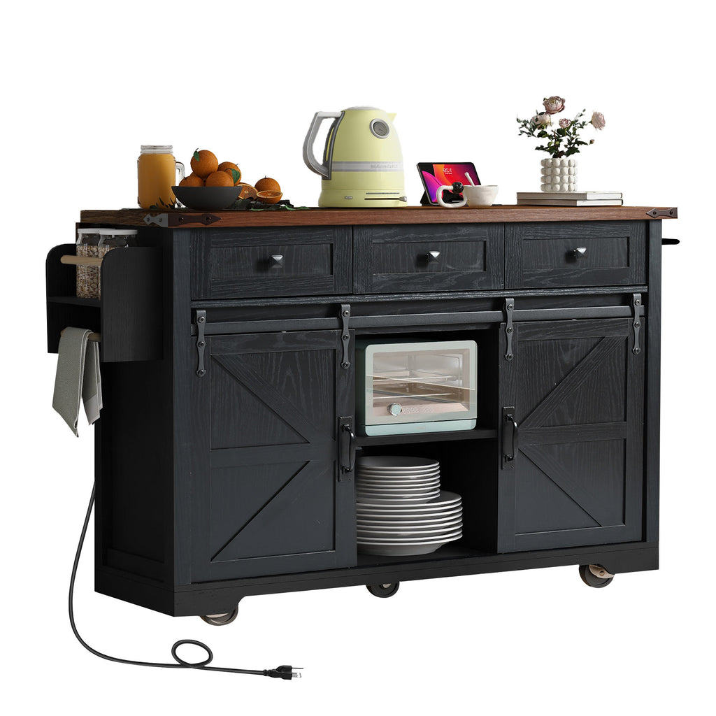 K&K 53.7' Farmhouse Kitchen Island with Power Outlet, 2 Sliding Barn Door Kitchen Storage Island with Drop Leaf, Spice Rack Rolling Kitchen Cart on Wheels, for Home, Kitchen and Dining Room, Black - Grand Goldman Shop
